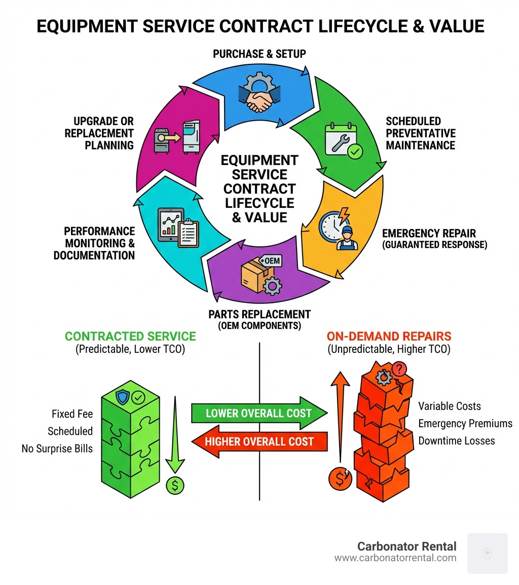 infographic showing the equipment service contract lifecycle: purchase and setup, scheduled preventative maintenance visits, emergency repair coverage with guaranteed response times, parts replacement with OEM components, performance monitoring and documentation, equipment upgrade or replacement planning, and total cost of ownership comparison between contracted service versus on-demand repairs - equipment service contracts infographic 