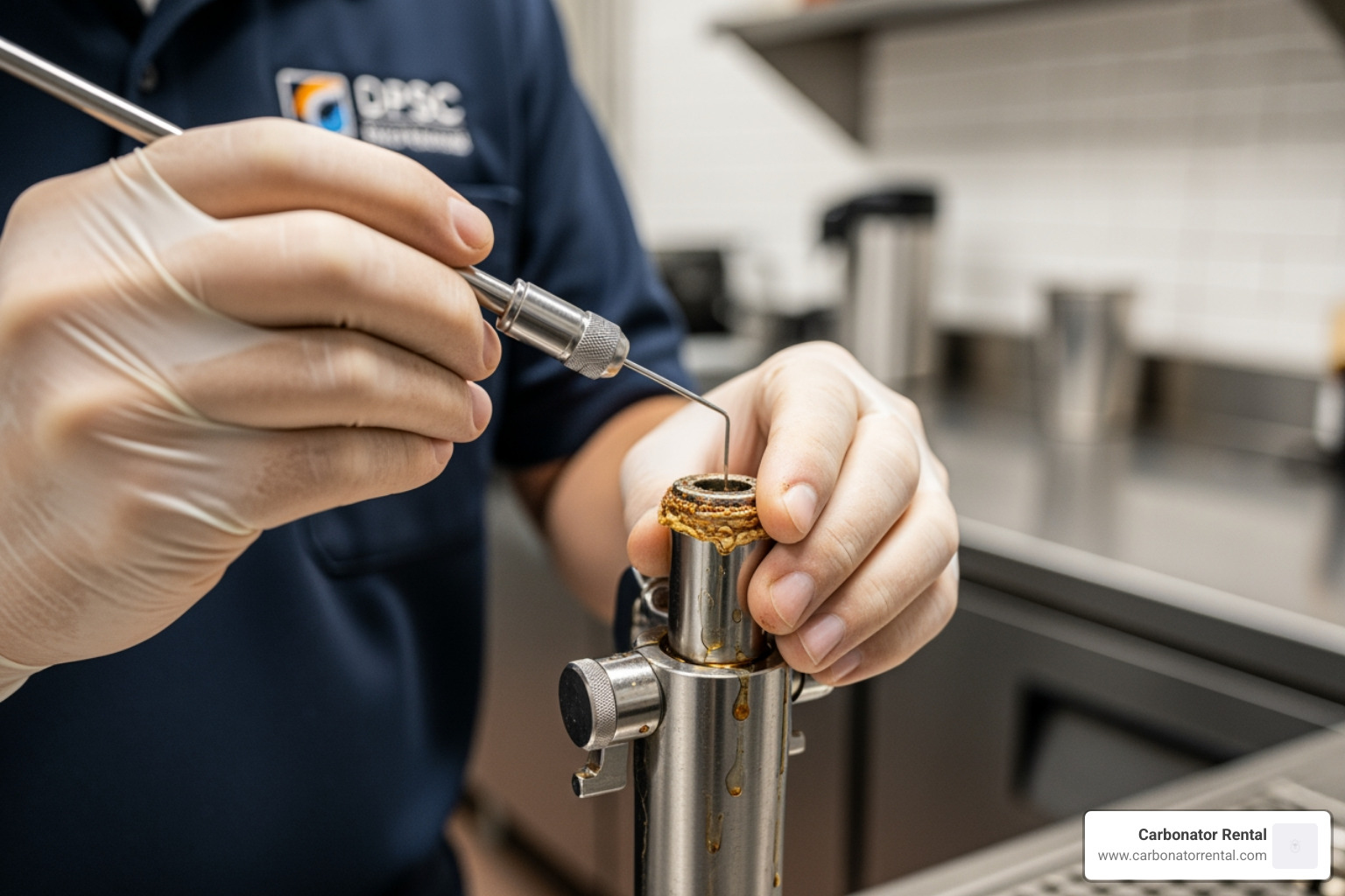 technician cleaning a clogged bar gun nozzle - Commercial beverage equipment repair technician cleaning a clogged bar gun nozzle - Commercial beverage equipment repair