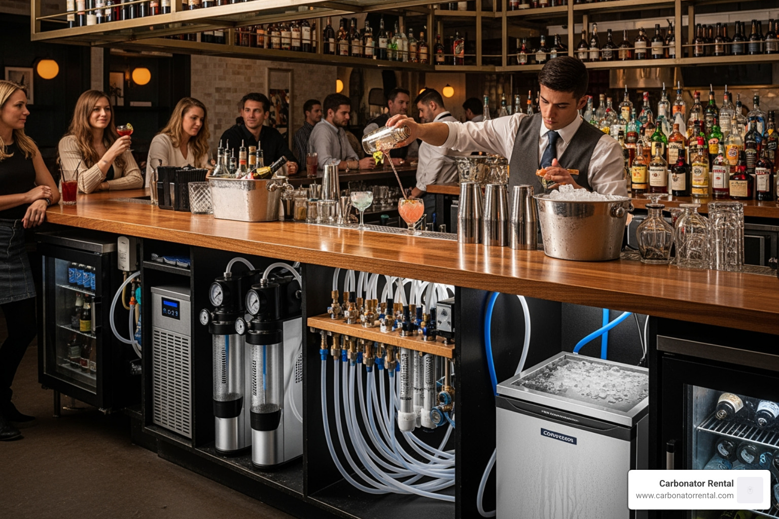 busy bar with organized beverage lines and under-counter equipment - under sink carbonator busy bar with organized beverage lines and under-counter equipment - under sink carbonator