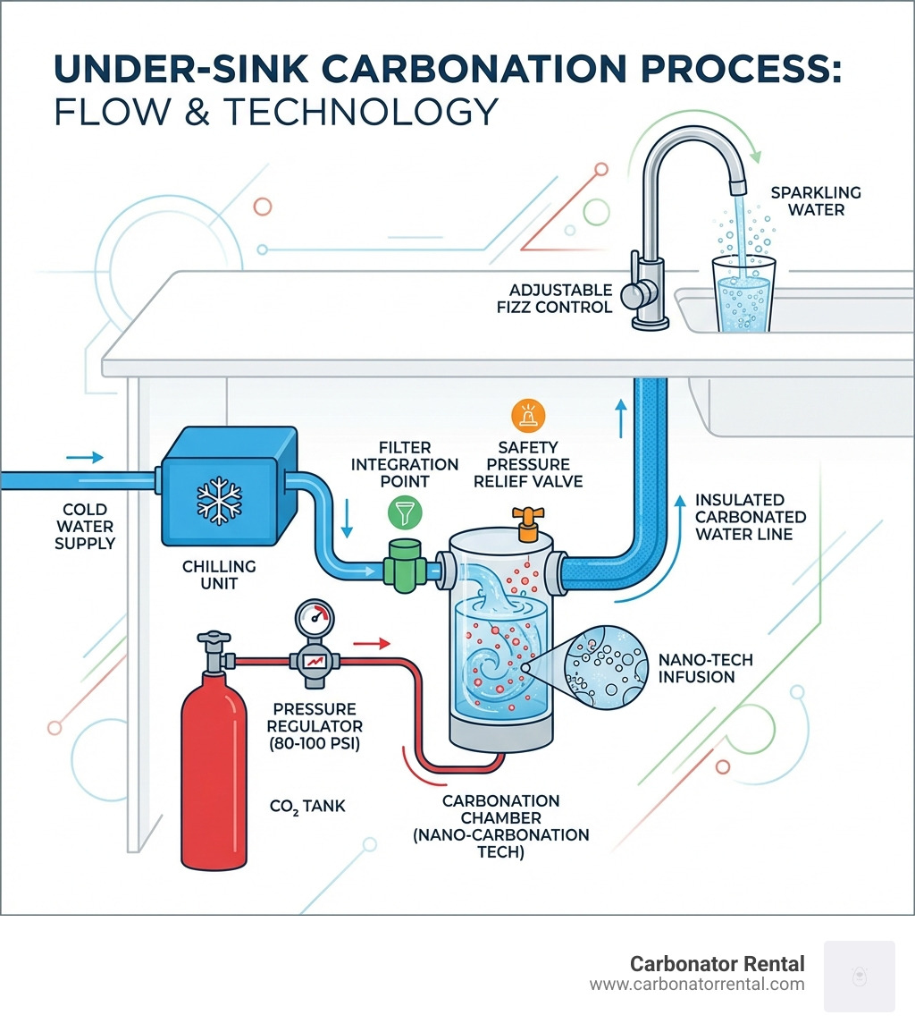 infographic showing under-sink carbonation process: cold water line connects to chilling unit, CO₂ tank feeds into pressure regulator set to 80-100 PSI, carbonation chamber infuses water with gas using nano-carbonation technology, carbonated water flows through insulated line to dedicated tap with adjustable fizz control, system includes filter integration point and safety pressure relief valve - under sink carbonator infographic infographic showing under-sink carbonation process: cold water line connects to chilling unit, CO₂ tank feeds into pressure regulator set to 80-100 PSI, carbonation chamber infuses water with gas using nano-carbonation technology, carbonated water flows through insulated line to dedicated tap with adjustable fizz control, system includes filter integration point and safety pressure relief valve - under sink carbonator infographic