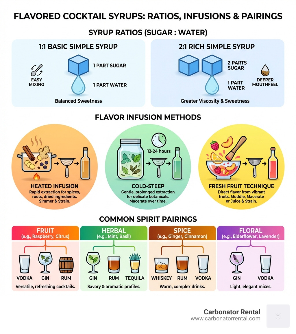 infographic showing the difference between 1:1 and 2:1 syrup ratios, flavor infusion methods including heated, cold-steep, and fresh fruit techniques, and common spirit pairings with popular syrup flavors - flavored syrups for cocktails infographic 