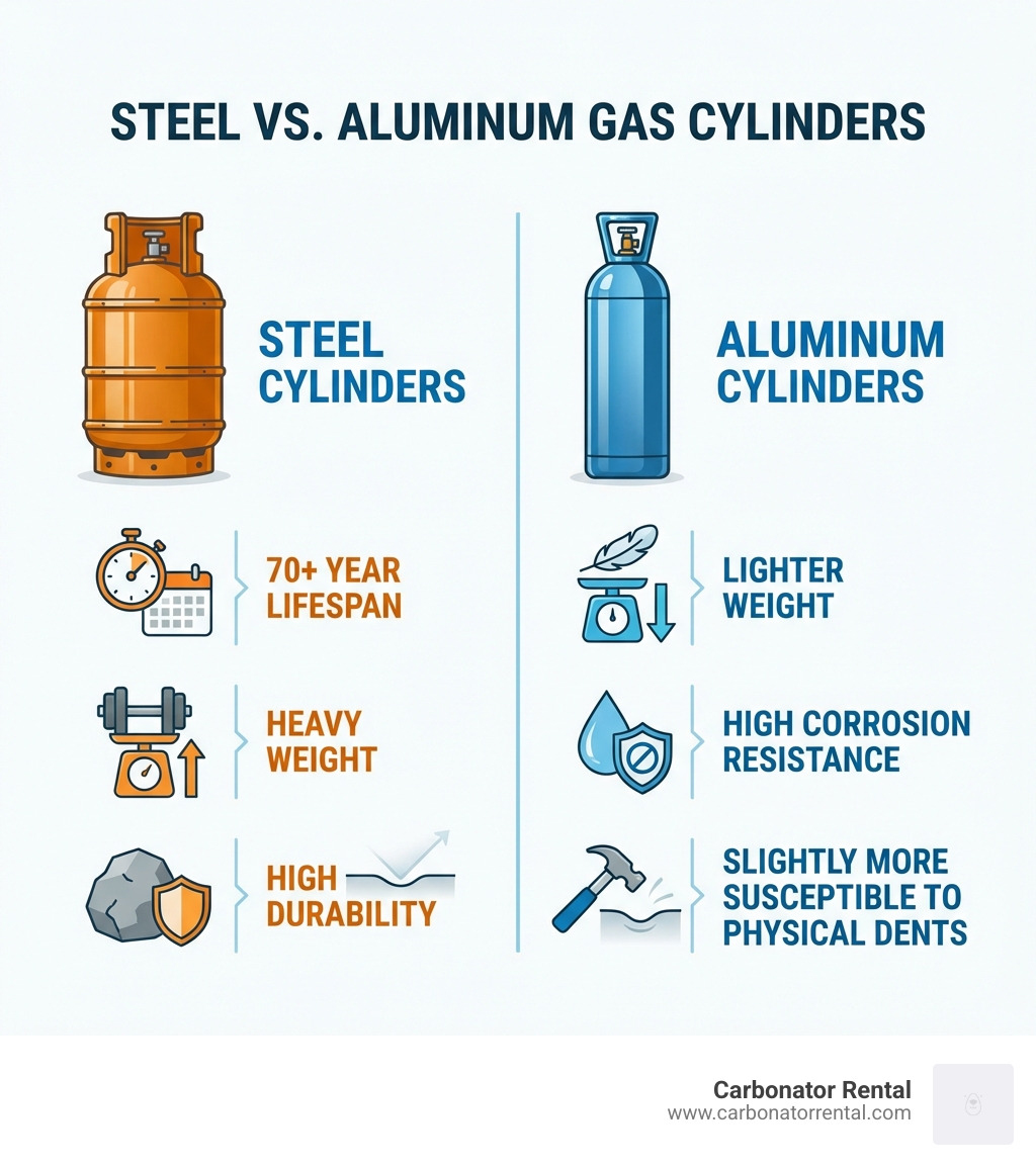 Table comparing steel vs. aluminum cylinders: Steel offers 70+ year lifespan, heavy weight, and high durability; Aluminum offers lighter weight, high corrosion resistance, but slightly more susceptibility to physical dents. - gas cylinders infographic Table comparing steel vs. aluminum cylinders: Steel offers 70+ year lifespan, heavy weight, and high durability; Aluminum offers lighter weight, high corrosion resistance, but slightly more susceptibility to physical dents. - gas cylinders infographic