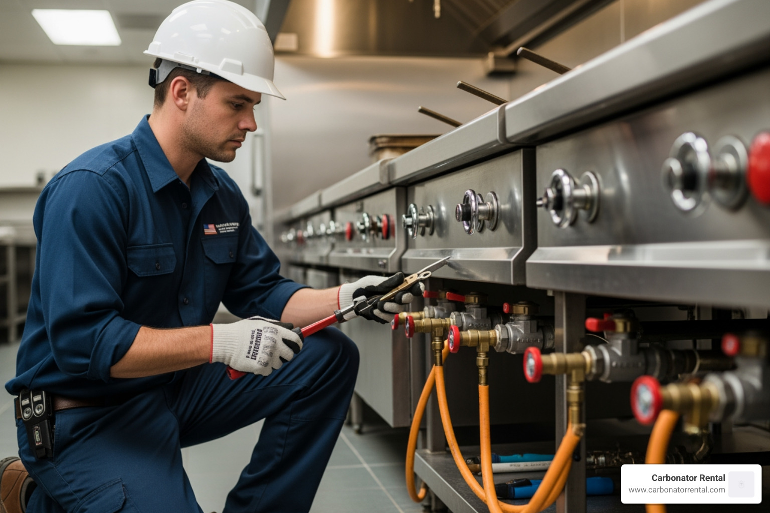 technician checking gas lines and utility connections - kitchen equipment installation technician checking gas lines and utility connections - kitchen equipment installation