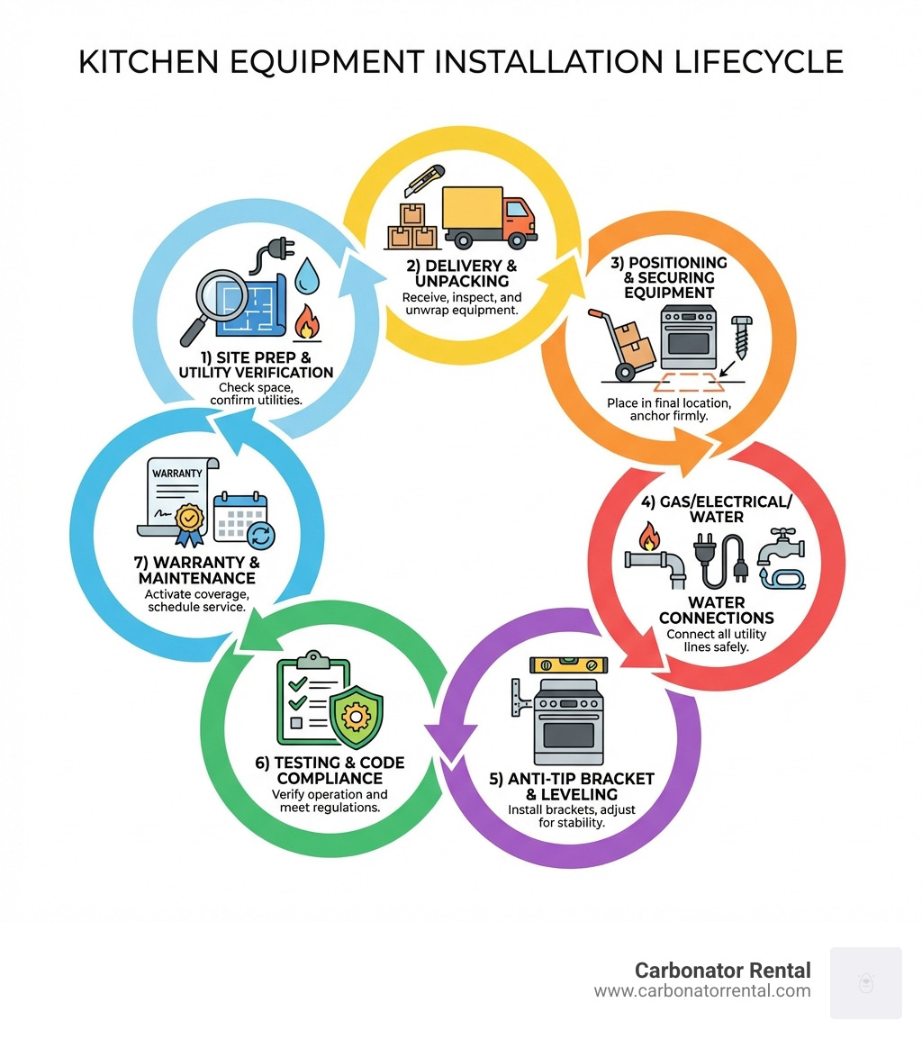 Infographic showing the kitchen equipment installation lifecycle: 1) Site preparation and utility verification, 2) Delivery and unpacking, 3) Positioning and securing equipment, 4) Gas/electrical/water connections, 5) Anti-tip bracket installation and leveling, 6) Testing and code compliance verification, 7) Warranty activation and maintenance scheduling - kitchen equipment installation infographic Infographic showing the kitchen equipment installation lifecycle: 1) Site preparation and utility verification, 2) Delivery and unpacking, 3) Positioning and securing equipment, 4) Gas/electrical/water connections, 5) Anti-tip bracket installation and leveling, 6) Testing and code compliance verification, 7) Warranty activation and maintenance scheduling - kitchen equipment installation infographic