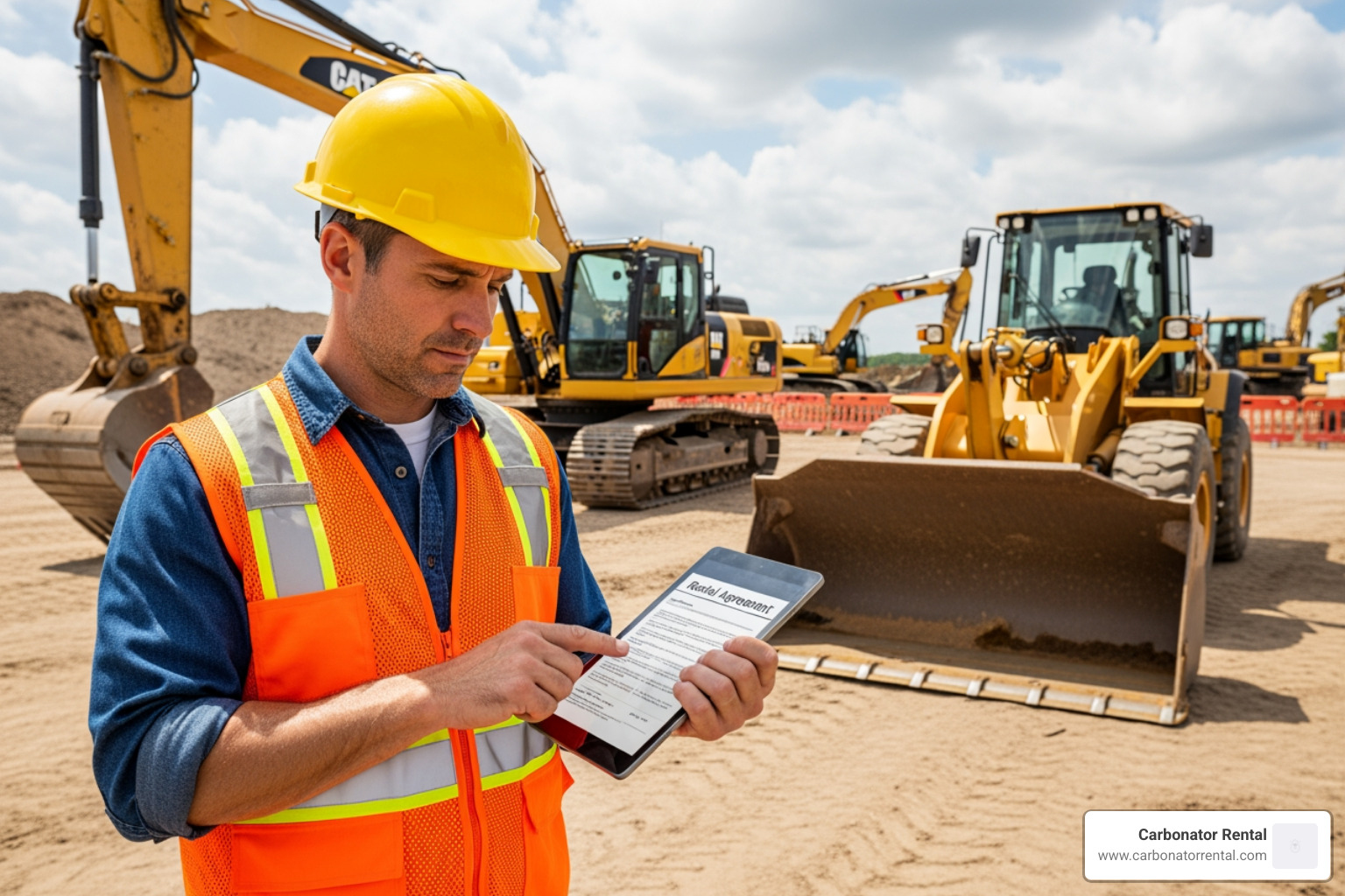 A professional contractor reviewing a rental agreement on a tablet while standing in front of heavy machinery - equipment rental companies