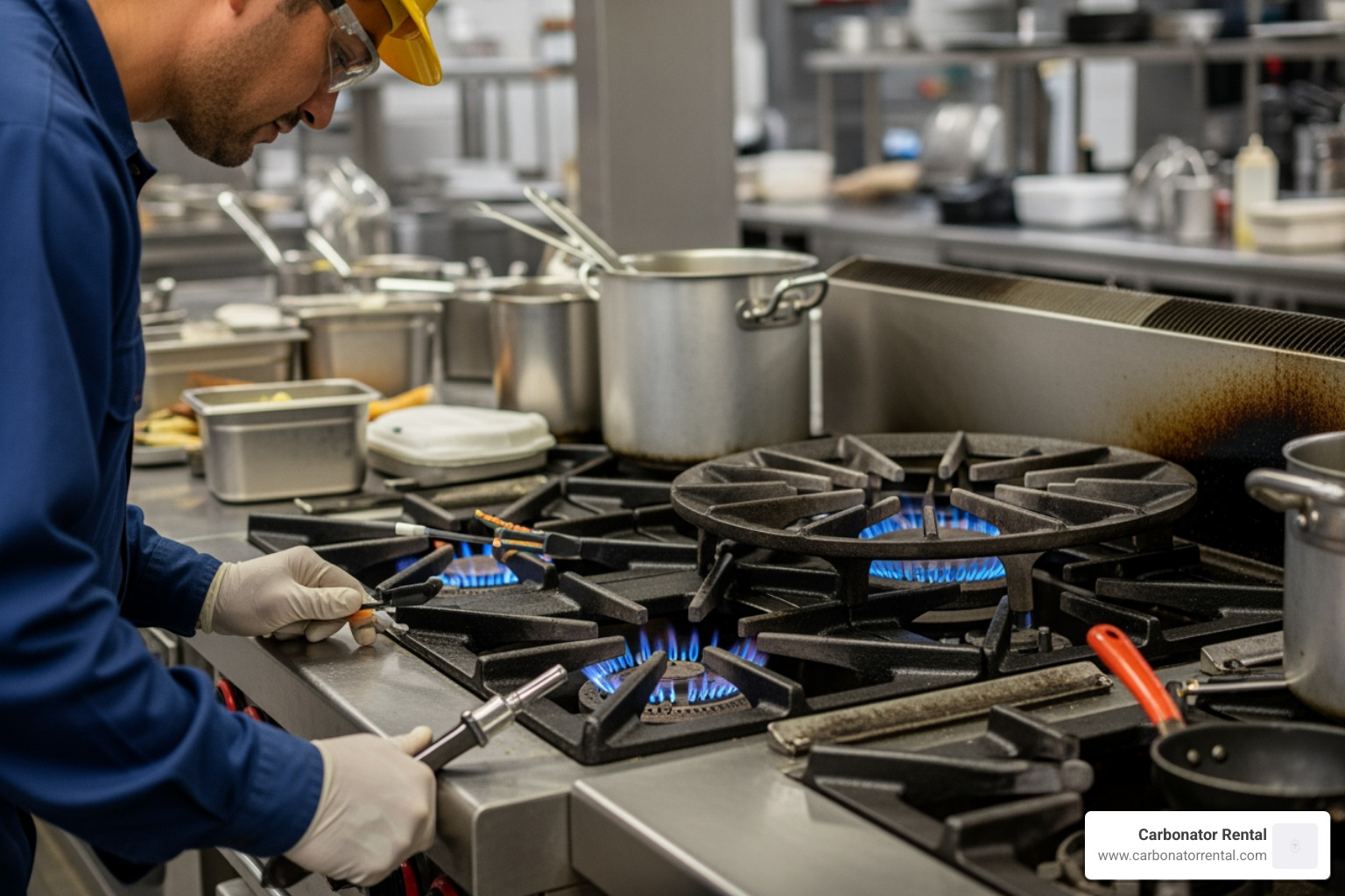 technician inspecting a commercial range burner - catering equipment maintenance