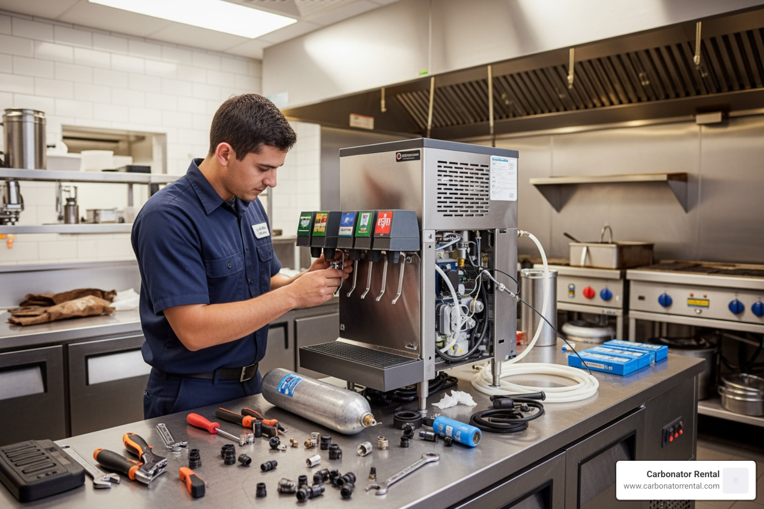 technician installing a soda fountain system - renting soda machines