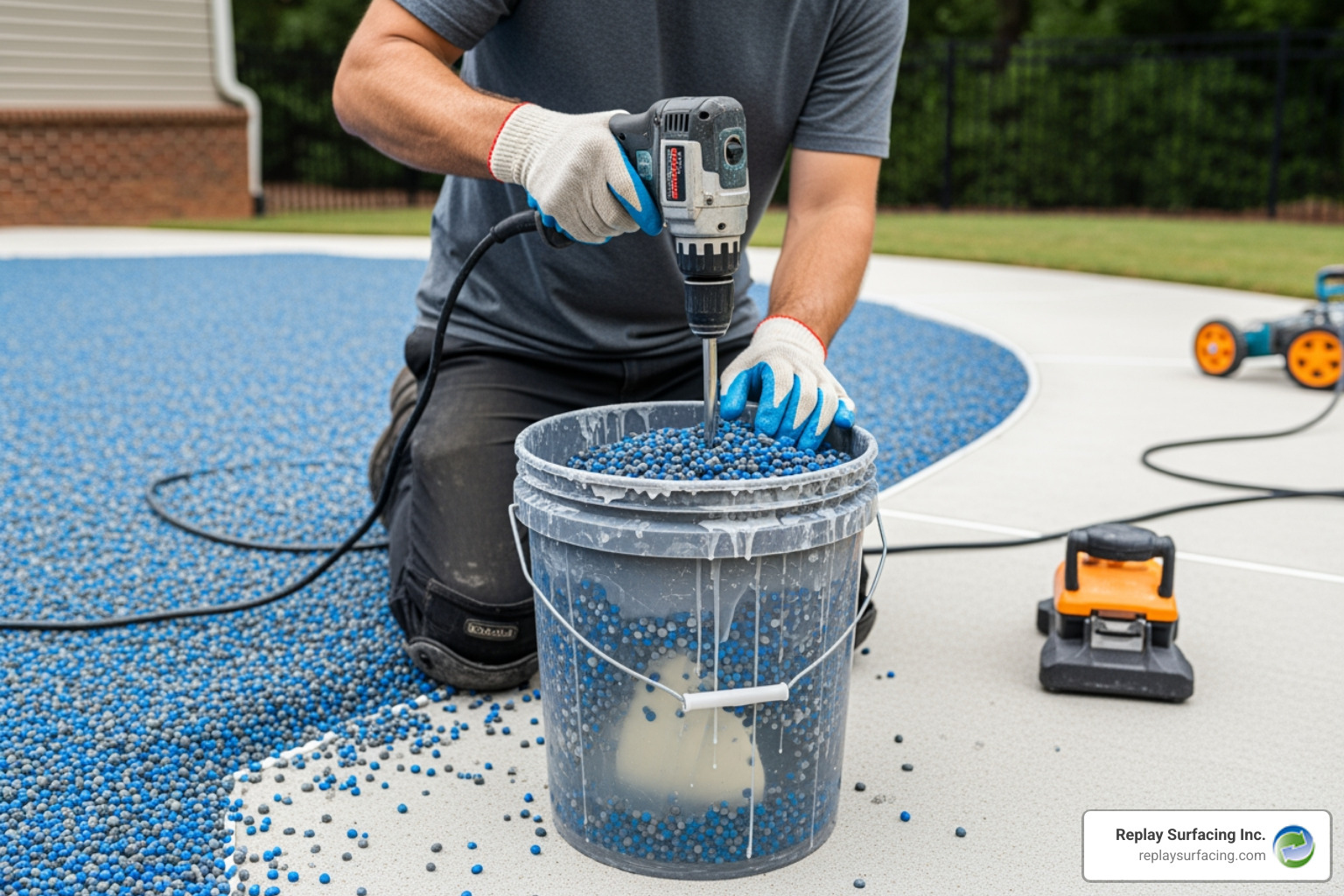 A homeowner in a Charlotte backyard is shown mixing a large bucket of blue and gray rubber granules with a clear liquid binder using a heavy-duty drill and mixing paddle. The area is prepared with a clean concrete base, and the homeowner is wearing gloves and knee pads, ready to begin the troweling process. - diy rubber pool deck A homeowner in a Charlotte backyard is shown mixing a large bucket of blue and gray rubber granules with a clear liquid binder using a heavy-duty drill and mixing paddle. The area is prepared with a clean concrete base, and the homeowner is wearing gloves and knee pads, ready to begin the troweling process. - diy rubber pool deck