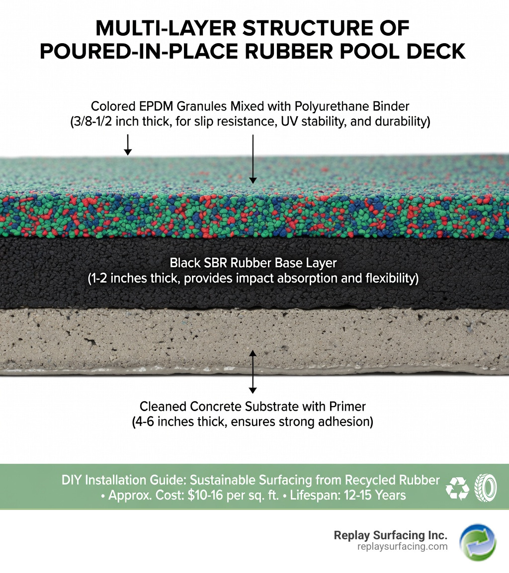 Detailed infographic showing the multi-layer structure of a poured-in-place rubber pool deck: bottom layer shows cleaned concrete substrate with primer, middle layer displays black SBR rubber base layer for cushioning, top layer features colored EPDM granules mixed with polyurethane binder for slip resistance and UV stability, with labels indicating thickness measurements and material properties - diy rubber pool deck infographic Detailed infographic showing the multi-layer structure of a poured-in-place rubber pool deck: bottom layer shows cleaned concrete substrate with primer, middle layer displays black SBR rubber base layer for cushioning, top layer features colored EPDM granules mixed with polyurethane binder for slip resistance and UV stability, with labels indicating thickness measurements and material properties - diy rubber pool deck infographic