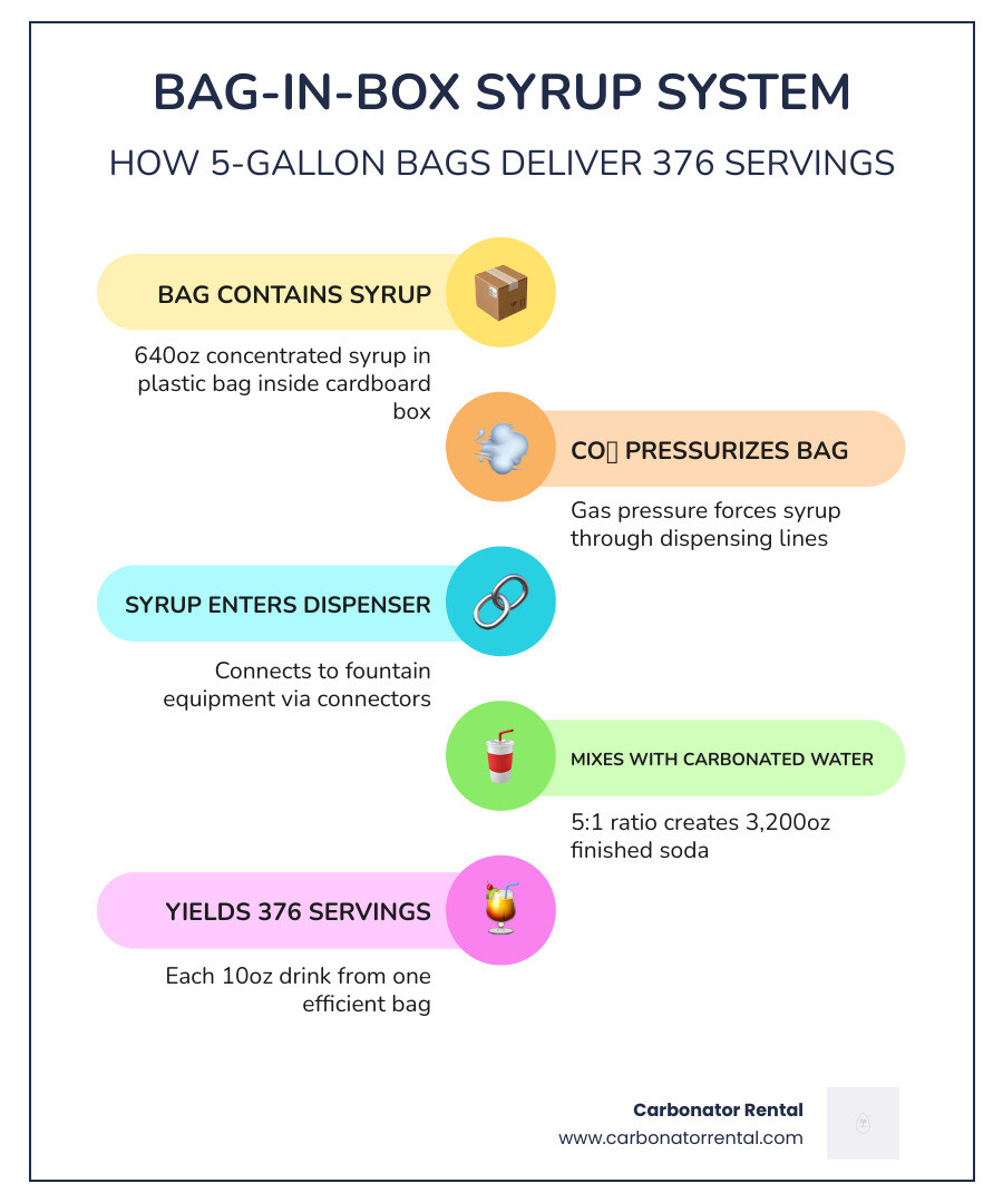 Infographic showing bag-in-box syrup system: 5-gallon bag contains 640oz syrup, connects via CO2 pressure to dispenser, mixes at 5:1 ratio with carbonated water, yields 376 ten-ounce servings, costs fraction of bottled soda per serving - bags of soda infographic infographic-line-5-steps-colors