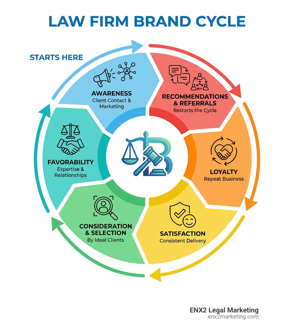 Infographic showing the law firm brand cycle: starting with awareness through client contact and marketing, moving to favorability based on expertise and relationships, then consideration and selection by ideal clients, followed by satisfaction through consistent delivery, building to loyalty and repeat business, and finally generating recommendations and referrals that restart the cycle - law firm branding infographic Infographic showing the law firm brand cycle: starting with awareness through client contact and marketing, moving to favorability based on expertise and relationships, then consideration and selection by ideal clients, followed by satisfaction through consistent delivery, building to loyalty and repeat business, and finally generating recommendations and referrals that restart the cycle - law firm branding infographic
