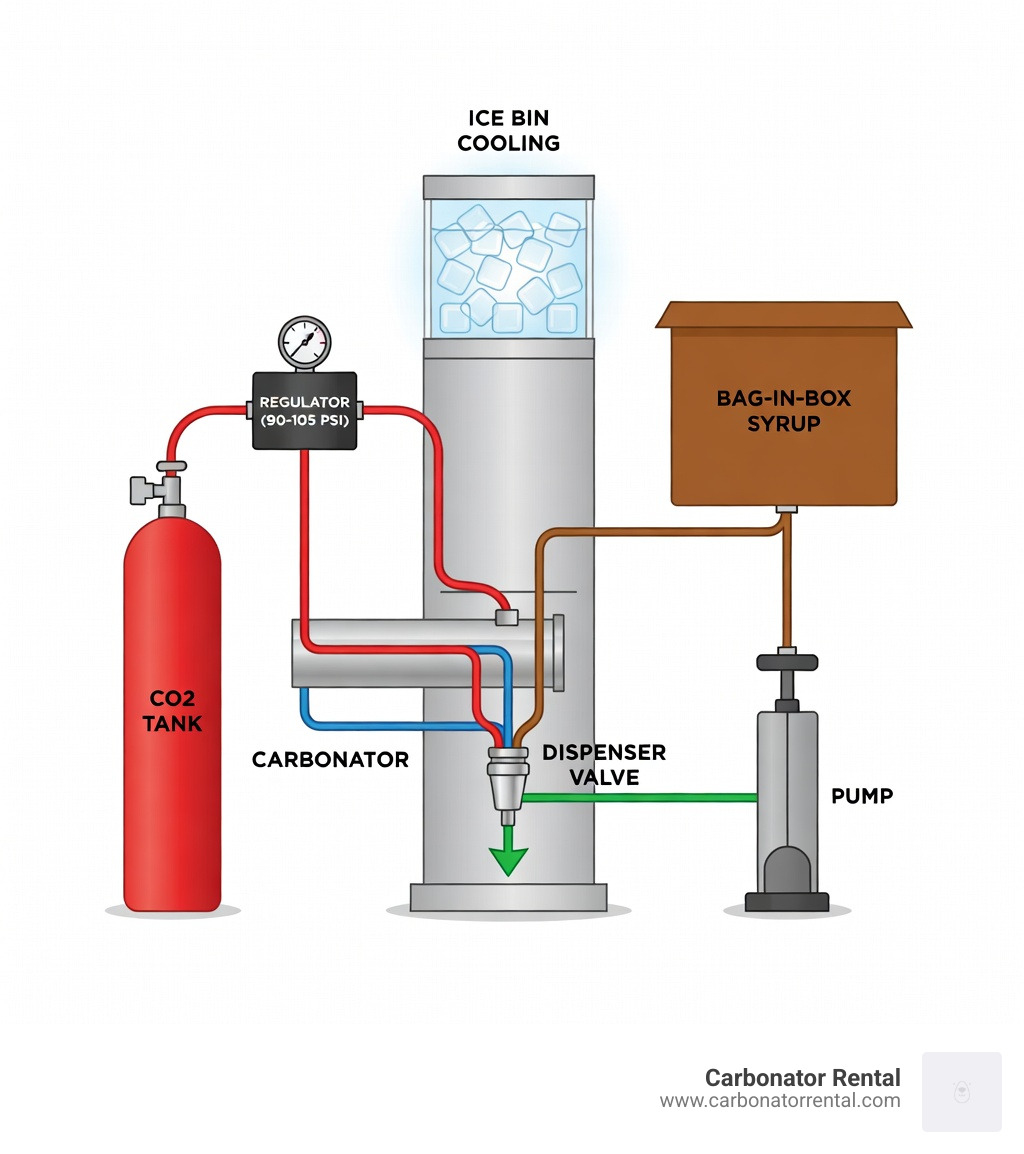 detailed infographic showing the flow of CO2 from tank through regulator to carbonator, water line connecting to carbonator, syrup flowing from bag-in-box through pump, all three components meeting at dispenser valve with ice bin cooling system - soda machine troubleshooting infographic 