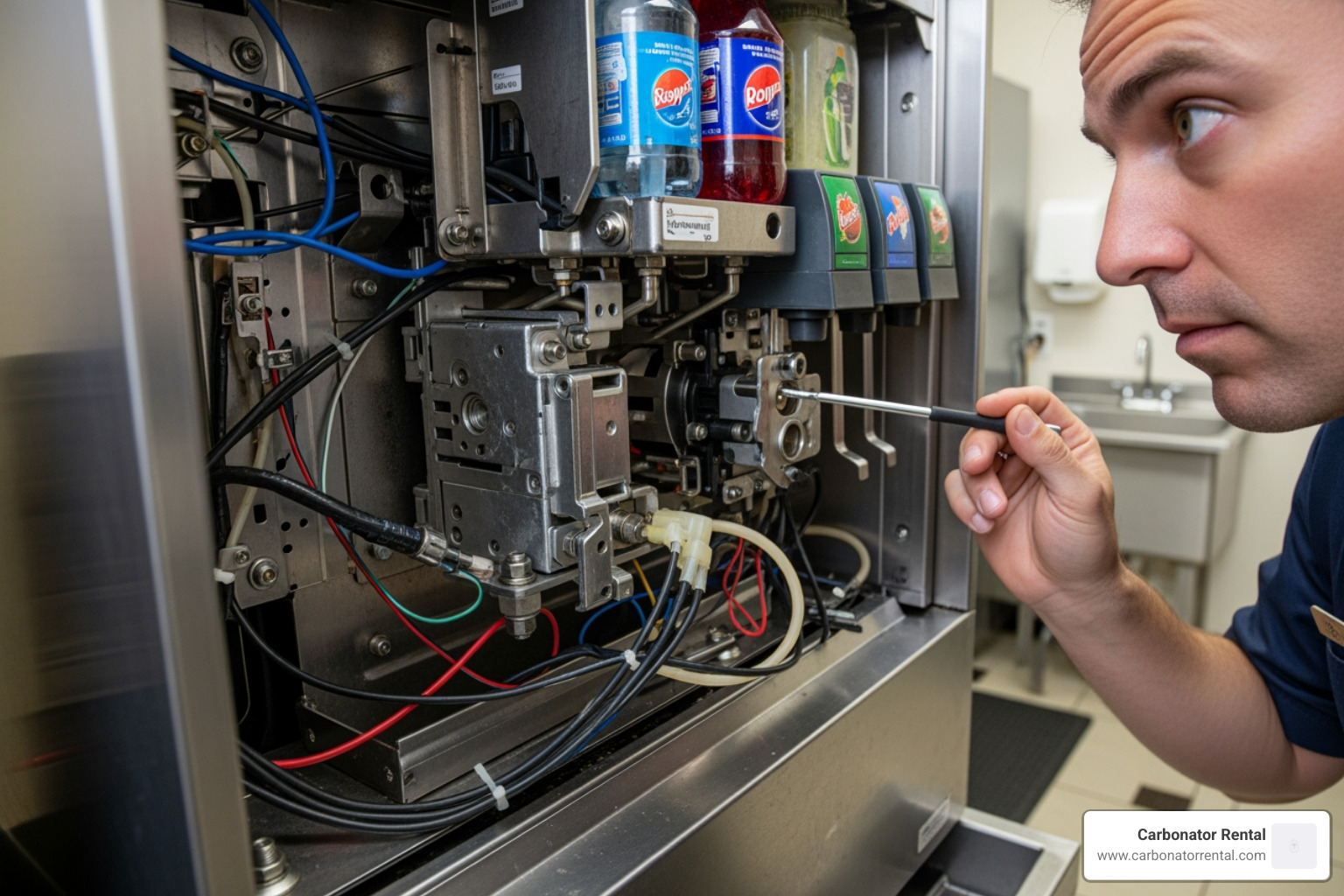 technician checking a CO2 regulator with a pressure gauge - soda machine troubleshooting