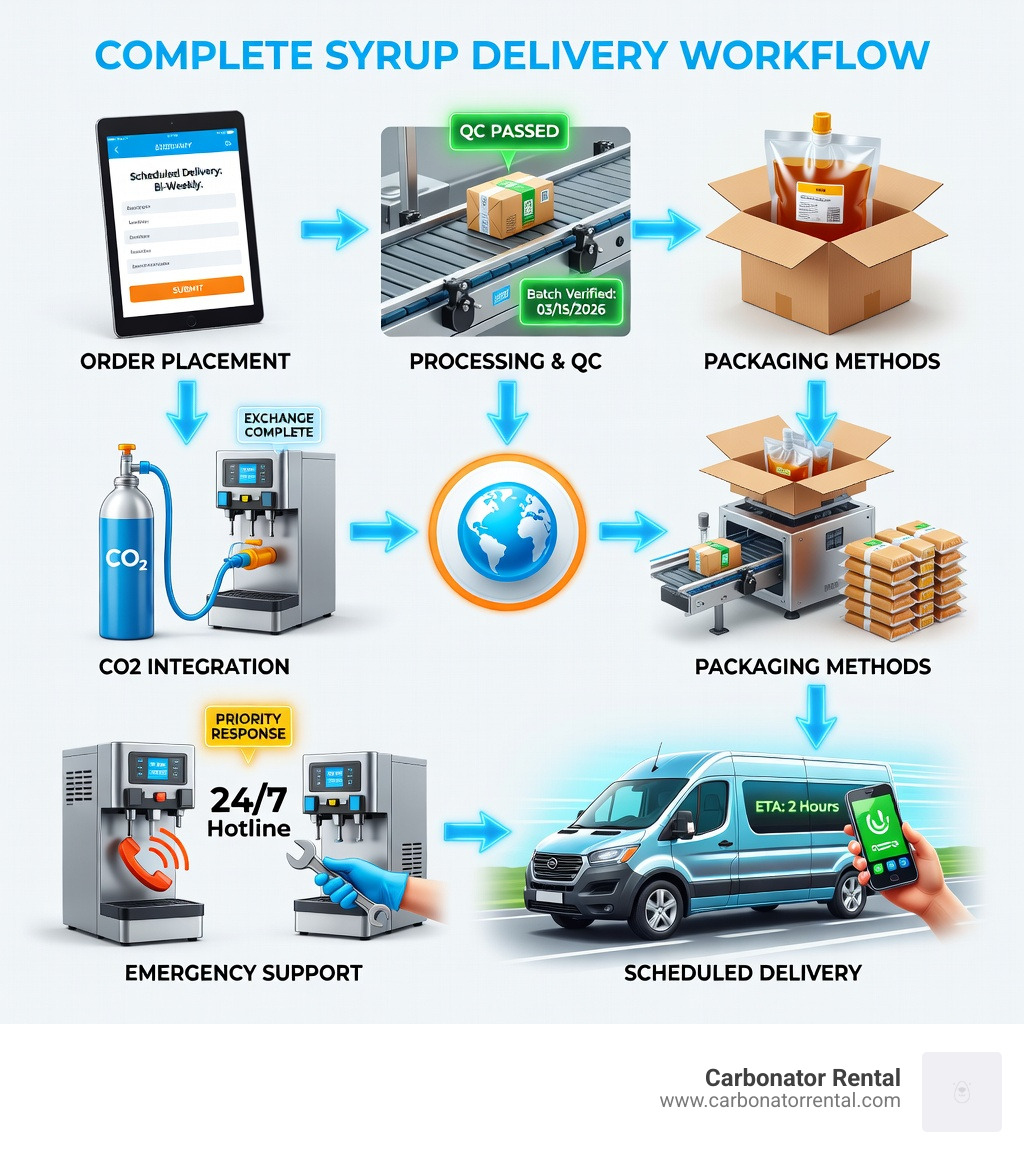 infographic showing the complete syrup delivery workflow from order placement through scheduled delivery, including quality control checkpoints, packaging methods for bulk bag-in-box formats, integration with CO2 cylinder exchange services, and emergency support options for commercial beverage operations - Reliable syrup delivery infographic infographic showing the complete syrup delivery workflow from order placement through scheduled delivery, including quality control checkpoints, packaging methods for bulk bag-in-box formats, integration with CO2 cylinder exchange services, and emergency support options for commercial beverage operations - Reliable syrup delivery infographic