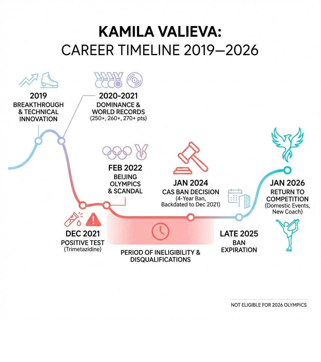 Timeline of Kamila Valieva's career from 2019 breakthrough to 2024 CAS ban decision and 2026 return to competition - kamila valieva infographic 