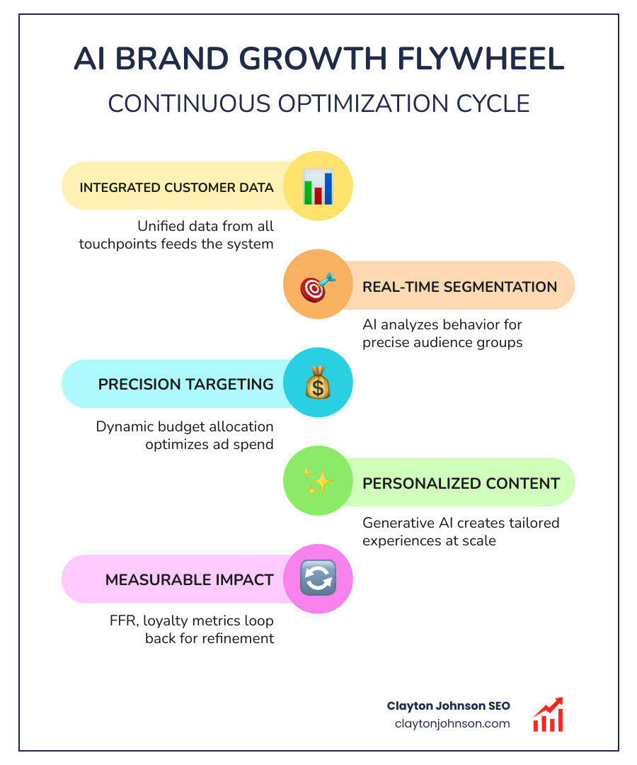 Infographic showing the AI brand growth flywheel: integrated customer data feeds real-time segmentation, which enables precision targeting and dynamic budget allocation, which generates personalized content at scale, which drives measurable brand impact through FFR and loyalty metrics, which feeds back into customer insights for continuous optimization - Brand growth AI infographic infographic-line-5-steps-elegant_beige Infographic showing the AI brand growth flywheel: integrated customer data feeds real-time segmentation, which enables precision targeting and dynamic budget allocation, which generates personalized content at scale, which drives measurable brand impact through FFR and loyalty metrics, which feeds back into customer insights for continuous optimization - Brand growth AI infographic infographic-line-5-steps-elegant_beige