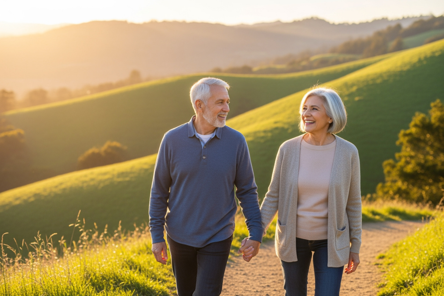 A retired couple walking hand-in-hand along a scenic trail in the East Bay hills at sunset - retirement planning walnut creek ca