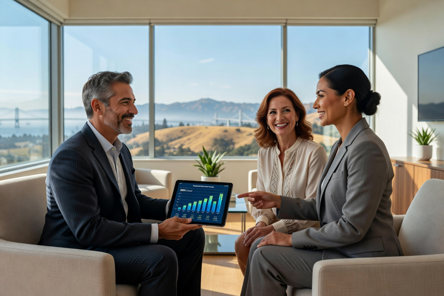 A professional advisor meeting with a couple in a comfortable office, reviewing a one-page financial roadmap - retirement planning walnut creek ca