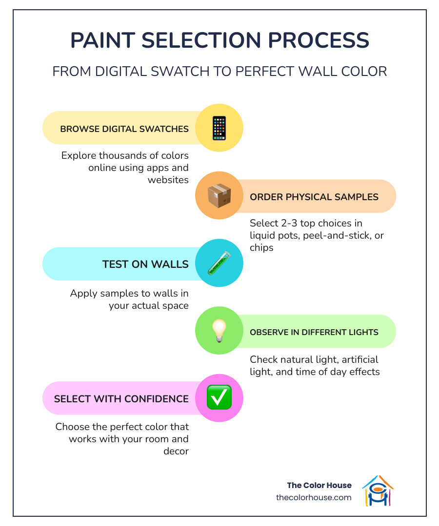 Infographic showing the paint selection process: starting with browsing digital swatches online, ordering physical paint samples in 2-3 top choices, testing samples on walls in different lighting conditions throughout the day, observing how the color looks with existing furniture and flooring, and finally selecting the perfect color with confidence before purchasing full gallons - paint samples infographic infographic-line-5-steps-colors