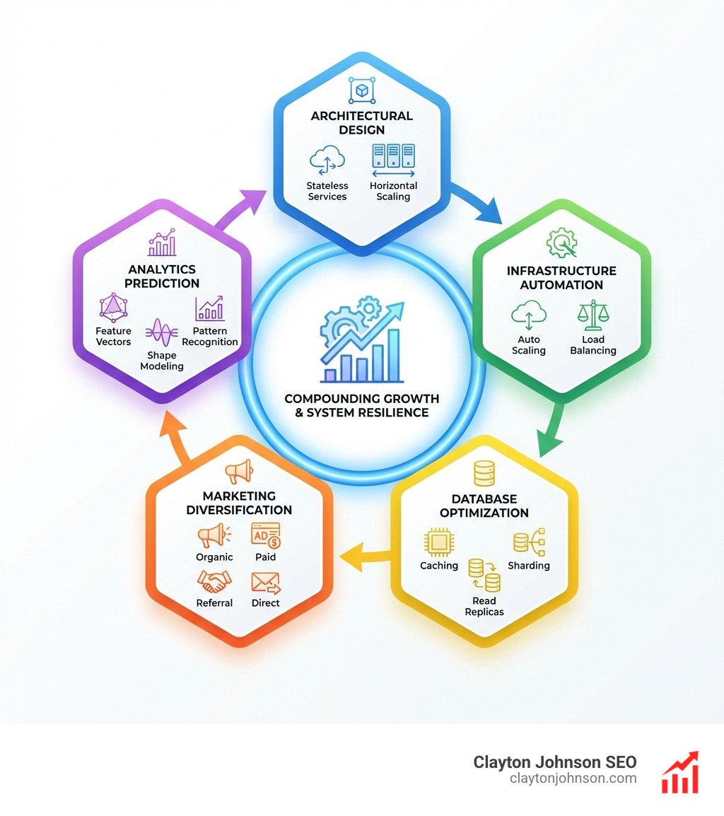 Infographic showing the complete lifecycle of scalable traffic strategies: starting with architectural design (stateless services, horizontal scaling), moving through infrastructure automation (auto scaling, load balancing, API gateways), database optimization (caching, sharding, read replicas), marketing diversification (organic, paid, referral, direct channels), and analytics prediction (feature vectors, shape modeling, pattern recognition). Each phase builds on the previous one to create compounding growth and system resilience. - Scalable traffic strategies infographic 