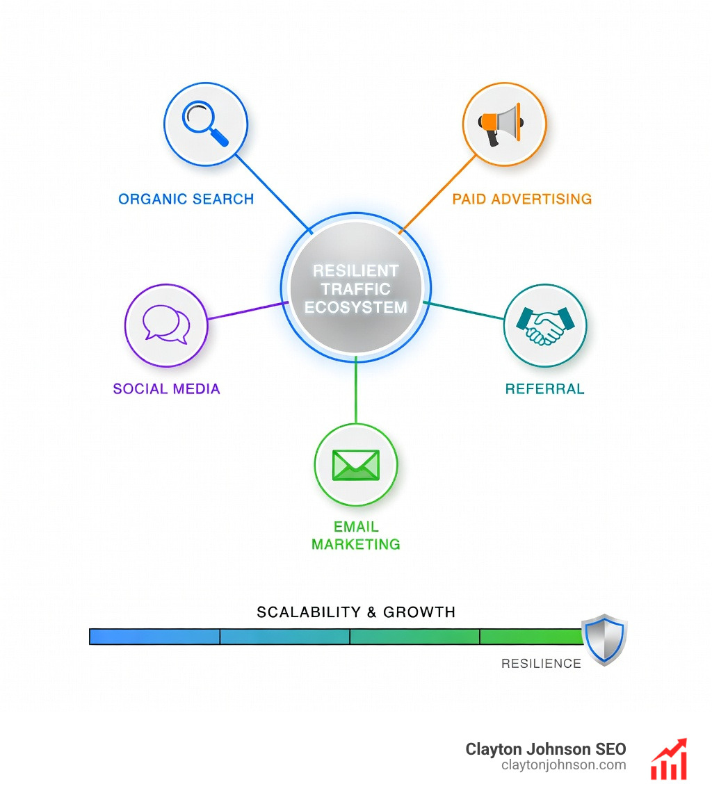 Multi-channel traffic diversification chart showing the balance between Organic Search, Paid Advertising, Social Media, Referral, and Email marketing to create a resilient traffic ecosystem. - Scalable traffic strategies