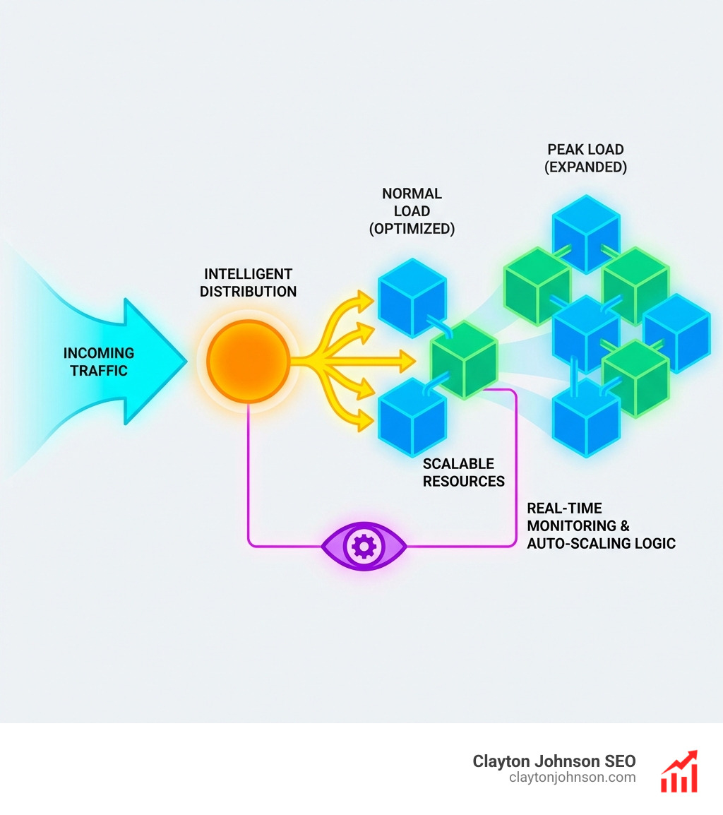 AWS Auto Scaling architecture showing a Load Balancer distributing traffic to an Auto Scaling Group of EC2 instances across multiple Availability Zones, with CloudWatch monitoring metrics to trigger scaling actions. - Scalable traffic strategies