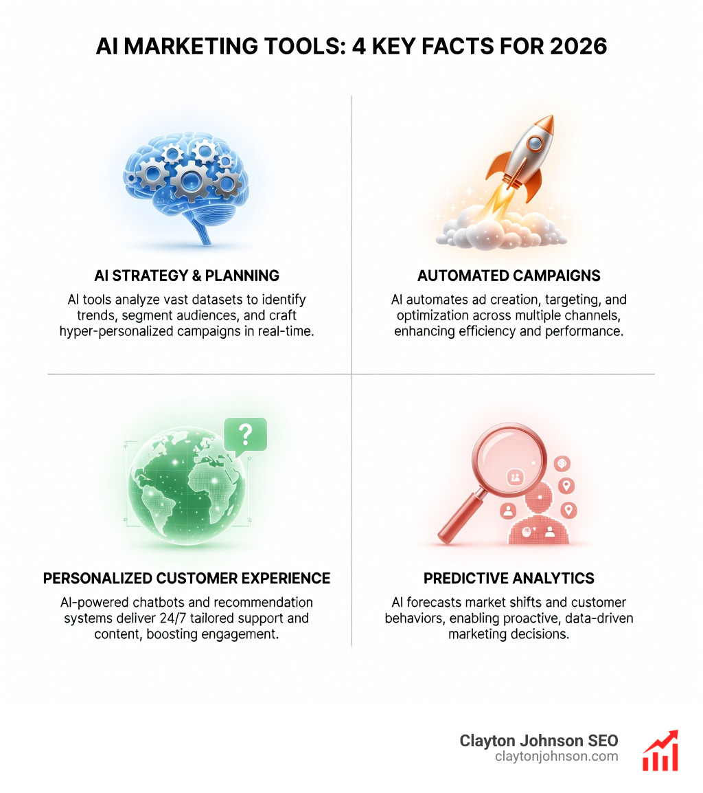 Infographic showing the 2026 AI Marketing ROI: 10k hours saved per year, 3x content production speed, and 2,930% increase in lead generation for top-tier implementations - AI marketing tools infographic 
