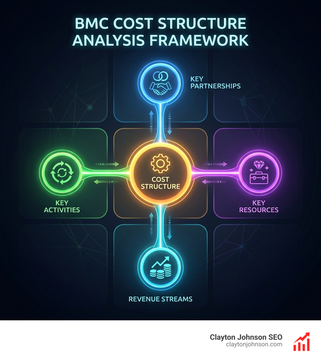 BMC cost structure analysis framework showing the nine building blocks with cost structure highlighted and its connections to key resources, key activities, key partnerships, and revenue streams - BMC cost structure analysis infographic hierarchy