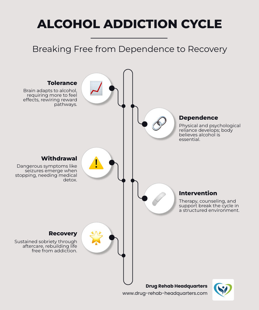 Infographic showing alcohol addiction cycle from dependence through withdrawal to recovery stages with treatment interventions at each phase - Alcohol Rehab Centers in Georgia infographic infographic-line-5-steps-elegant_beige