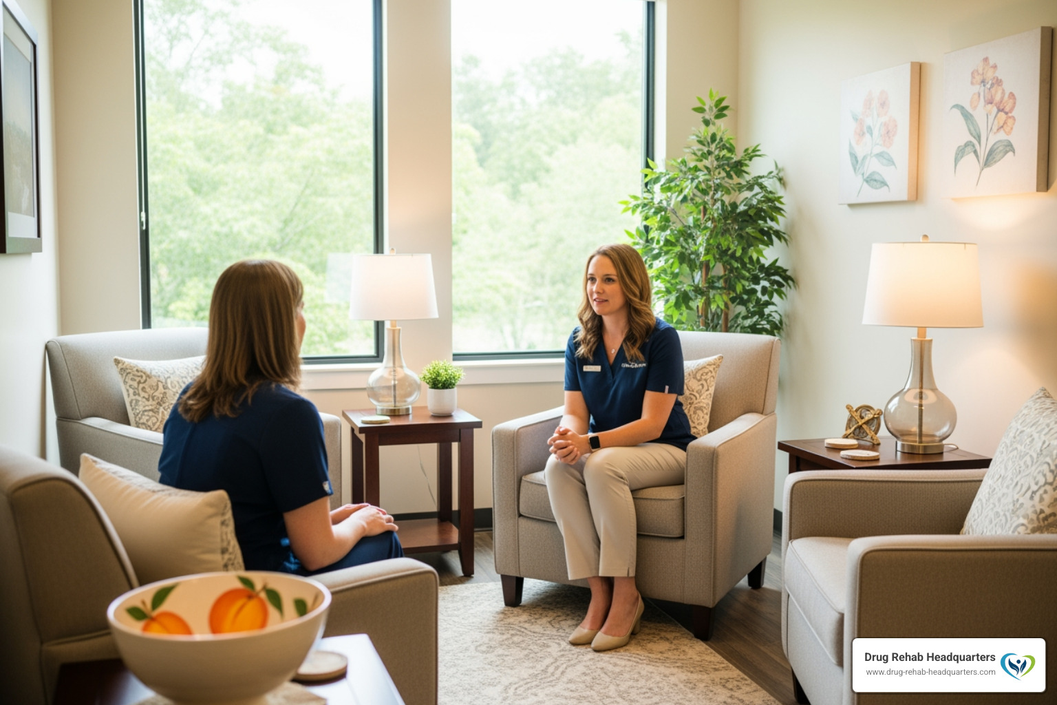 Supportive counseling session between a therapist and a client in a bright Georgia office - Alcohol Rehab Centers in Georgia