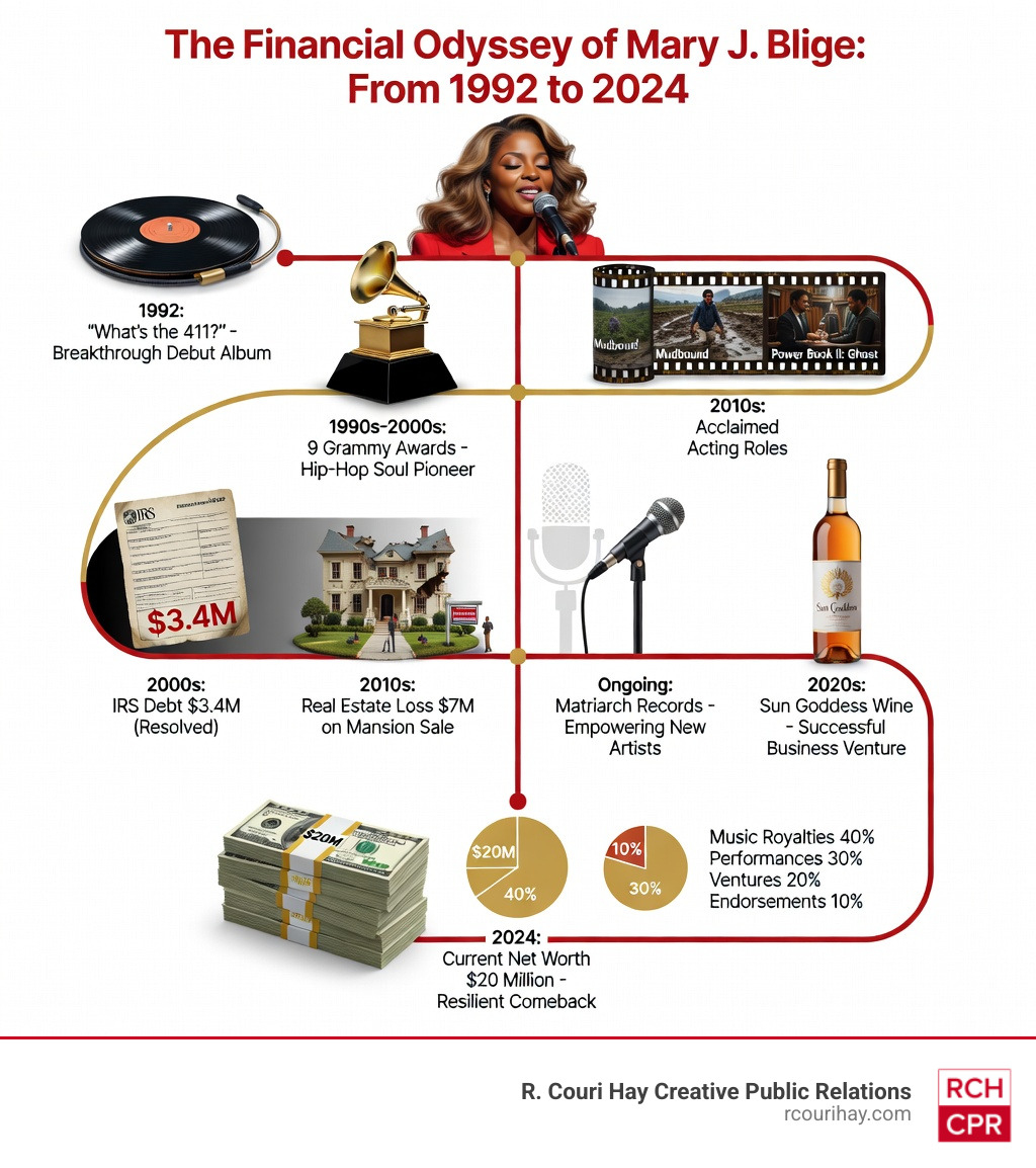 Infographic showing Mary J Blige's career timeline from 1992 debut album to 2024, including major albums, Grammy wins, acting roles in Mudbound and Power Book II Ghost, business ventures like Matriarch Records and Sun Goddess Wine, financial setbacks including IRS debts and real estate losses, and current income sources totaling $20 million net worth - mary j blige net worth infographic Infographic showing Mary J Blige's career timeline from 1992 debut album to 2024, including major albums, Grammy wins, acting roles in Mudbound and Power Book II Ghost, business ventures like Matriarch Records and Sun Goddess Wine, financial setbacks including IRS debts and real estate losses, and current income sources totaling $20 million net worth - mary j blige net worth infographic