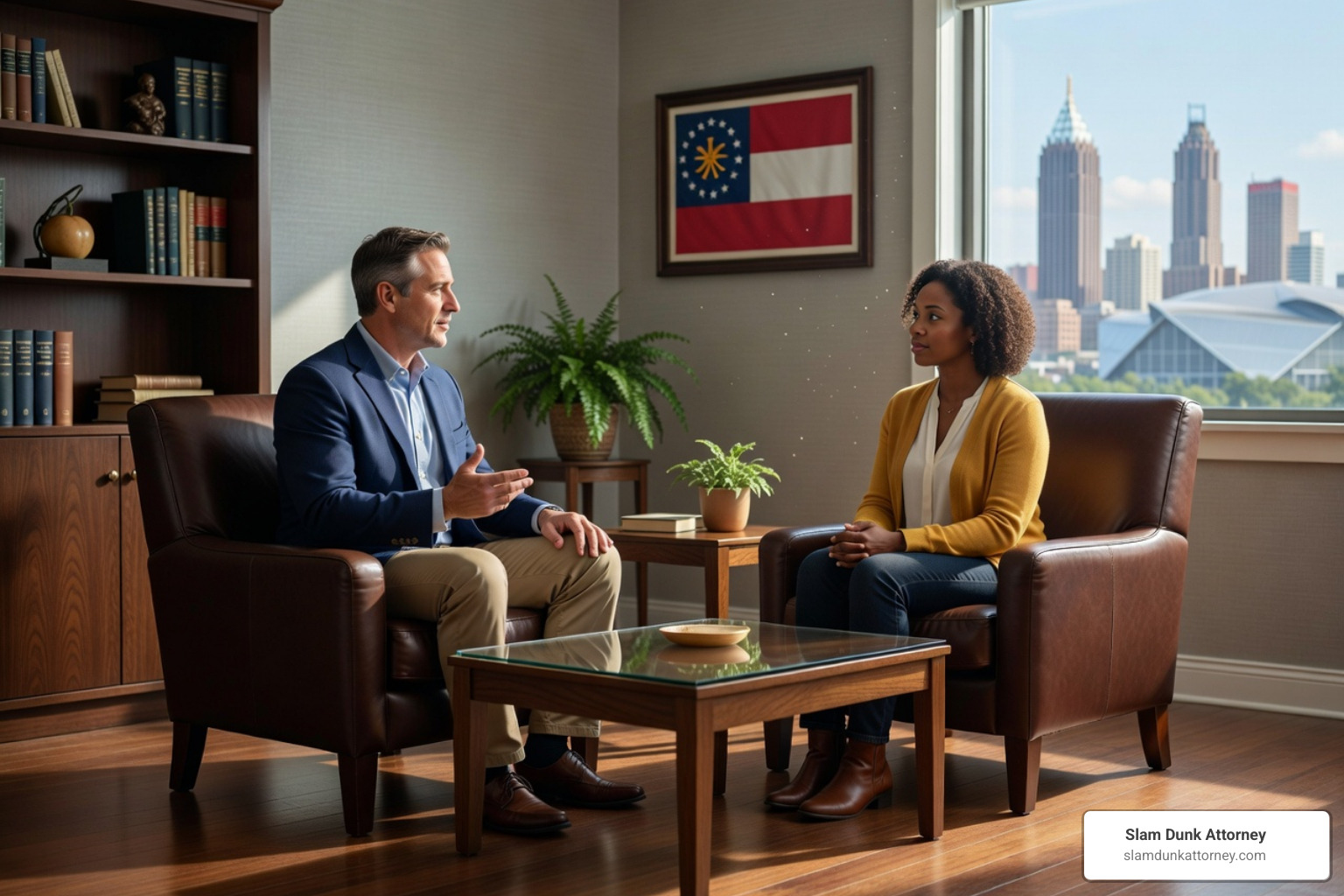A lawyer reviewing documents and photos of an accident scene with a client in a modern law office in Atlanta, Georgia. - slip injury attorney