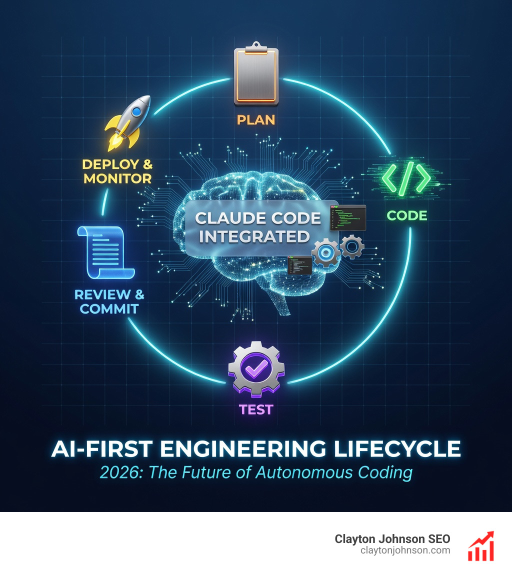 Infographic showing the AI-first engineering lifecycle: Plan with Claude → Code autonomously → Test automatically → Review and commit → Deploy with CI/CD → Monitor and iterate, with Claude Code integrated at each stage through terminal, IDE, and automation hooks - Claude coding capabilities infographic infographic-line-5-steps-dark
