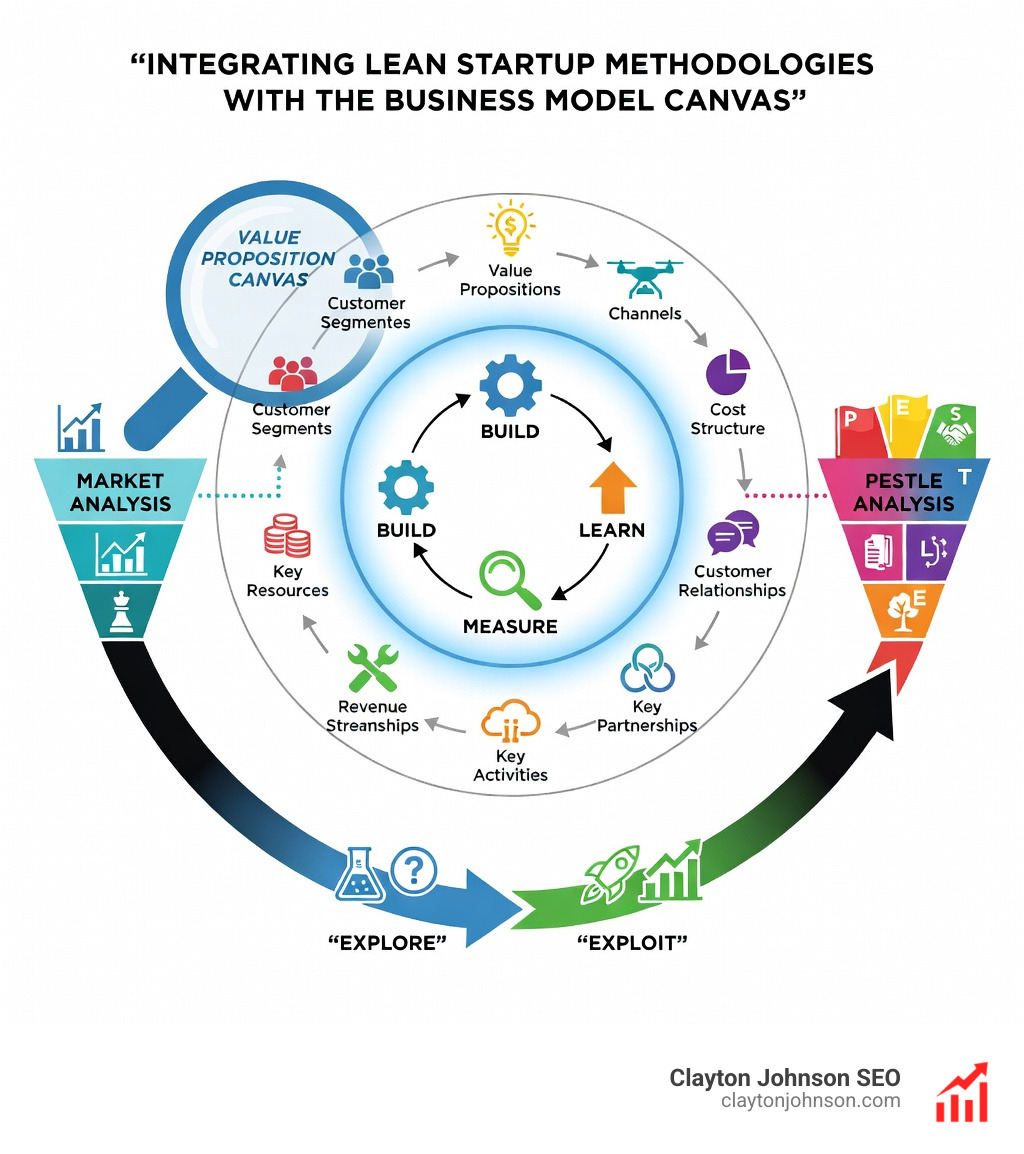 Infographic showing the integration of the Business Model Canvas with Lean Startup methodologies: The 'Build-Measure-Learn' loop is at the center, surrounded by the BMC's 9 blocks. It illustrates how the Value Proposition Canvas 'zooms in' on the Customer Segments and Value Propositions blocks to validate product-market fit. Arrows indicate how insights from Market Analysis and PESTLE Analysis (Political, Economic, Social, Technological, Legal, Environmental) feed into the BMC to identify external risks and opportunities. The visual highlights that the BMC is a 'living document' that evolves through continuous testing of assumptions and rapid iteration, moving a startup from the 'Explore' phase (testing new models) to the 'Exploit' phase (scaling a validated model). - BMC tech startup template infographic 