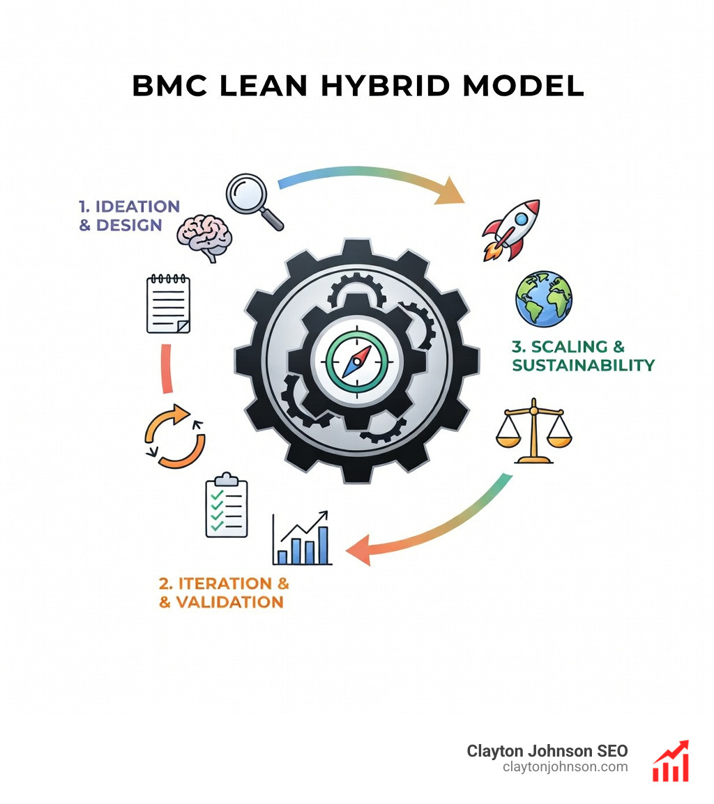 infographic showing the BMC lean hybrid model workflow: map your business model on the canvas, identify assumptions in each block, design MVP experiments to test those assumptions, measure results, learn and iterate, and repeat until you achieve problem-solution and product-market fit across all nine building blocks - BMC lean hybrid model infographic 