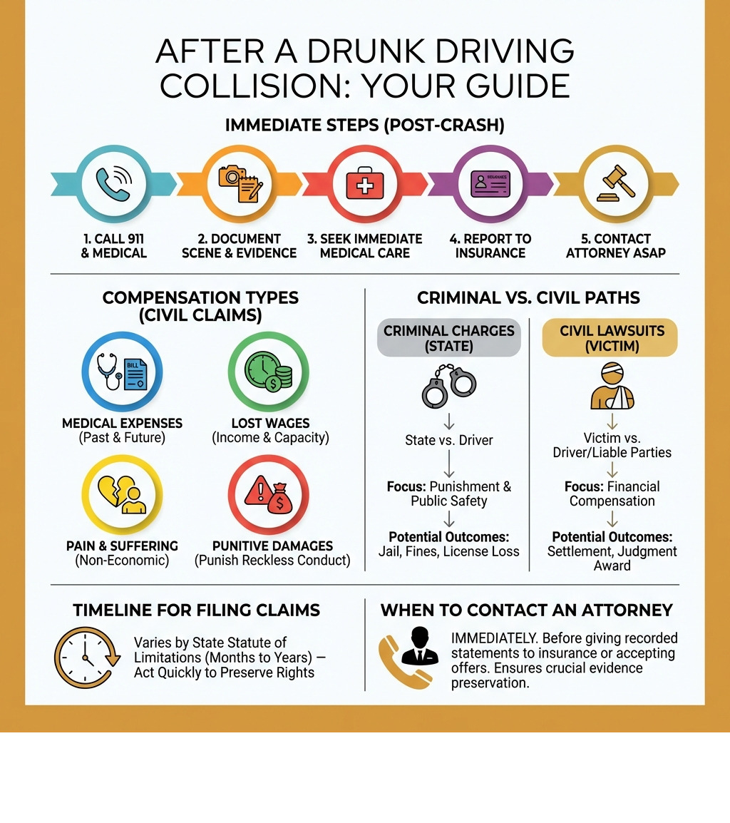 detailed infographic showing immediate steps after drunk driving accident, types of compensation available including medical expenses lost wages pain and suffering punitive damages, difference between criminal charges and civil lawsuits, timeline for filing claims, and when to contact an attorney - Hit by drunk driver infographic detailed infographic showing immediate steps after drunk driving accident, types of compensation available including medical expenses lost wages pain and suffering punitive damages, difference between criminal charges and civil lawsuits, timeline for filing claims, and when to contact an attorney - Hit by drunk driver infographic