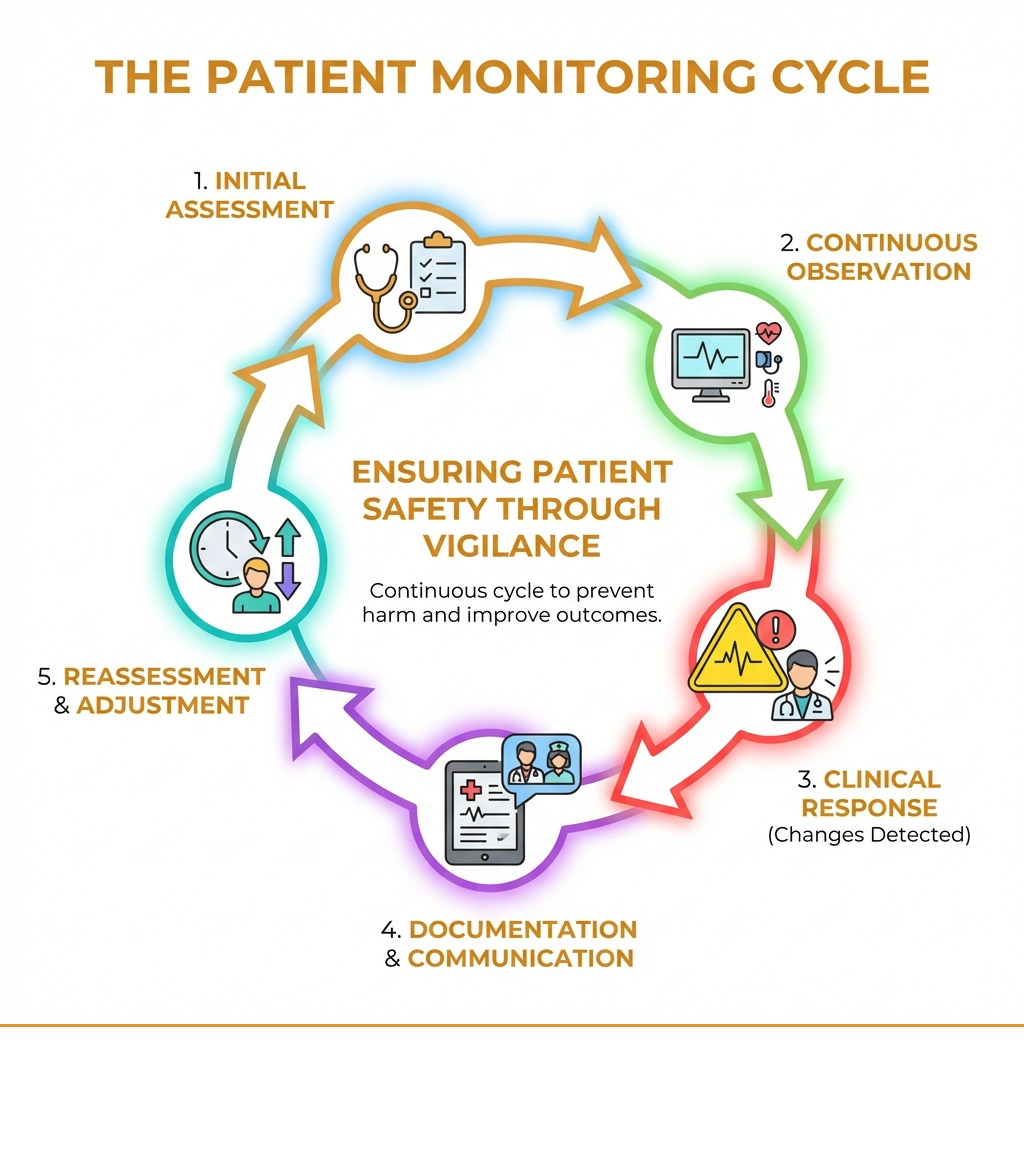 Infographic showing the patient monitoring cycle: Initial assessment leads to continuous observation of vital signs and symptoms, which triggers clinical response when changes detected, followed by documentation and communication to care team, then reassessment and adjustment of monitoring frequency based on patient condition - Failure to monitor infographic Infographic showing the patient monitoring cycle: Initial assessment leads to continuous observation of vital signs and symptoms, which triggers clinical response when changes detected, followed by documentation and communication to care team, then reassessment and adjustment of monitoring frequency based on patient condition - Failure to monitor infographic