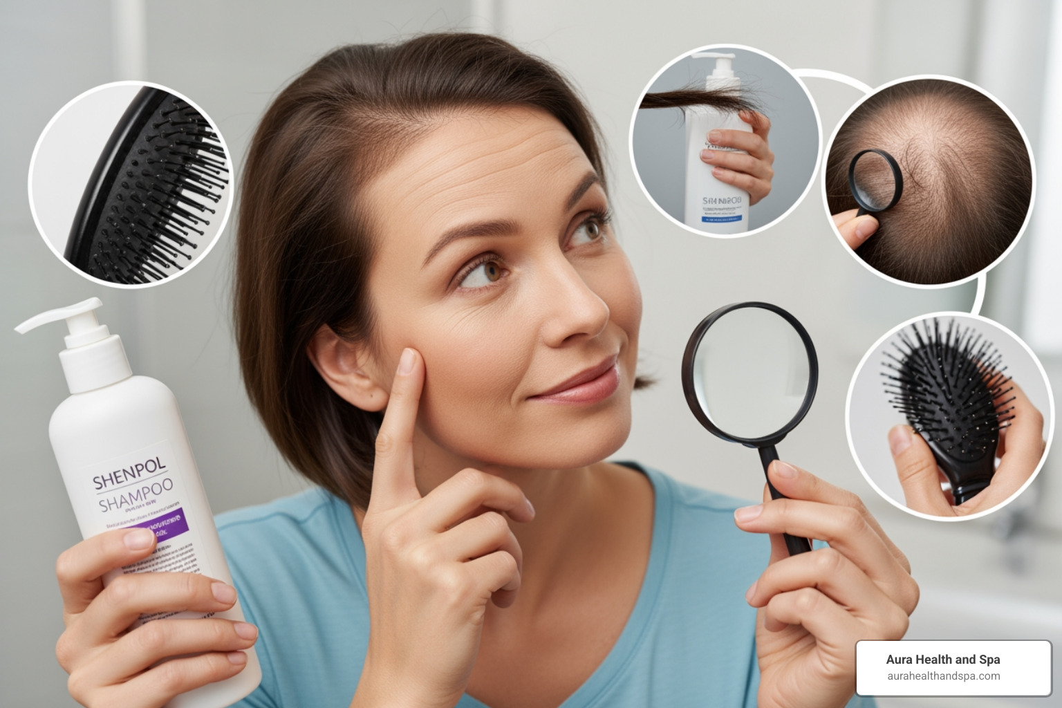 medically precise depiction of a licensed provider performing a hair pull test on a patient, gently grasping a small section of hair near the scalp to check for active shedding, with a professional clinical background - how to fix hair loss