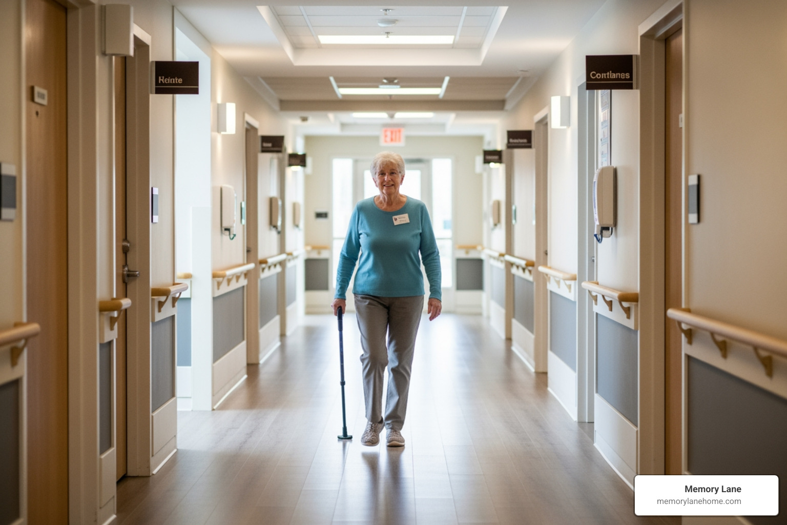 senior navigating a well-lit hallway - dementia friendly environment