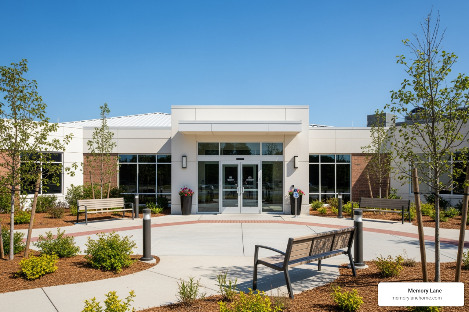 Exterior of a modern memory care facility with secure entrances - cost of memory care