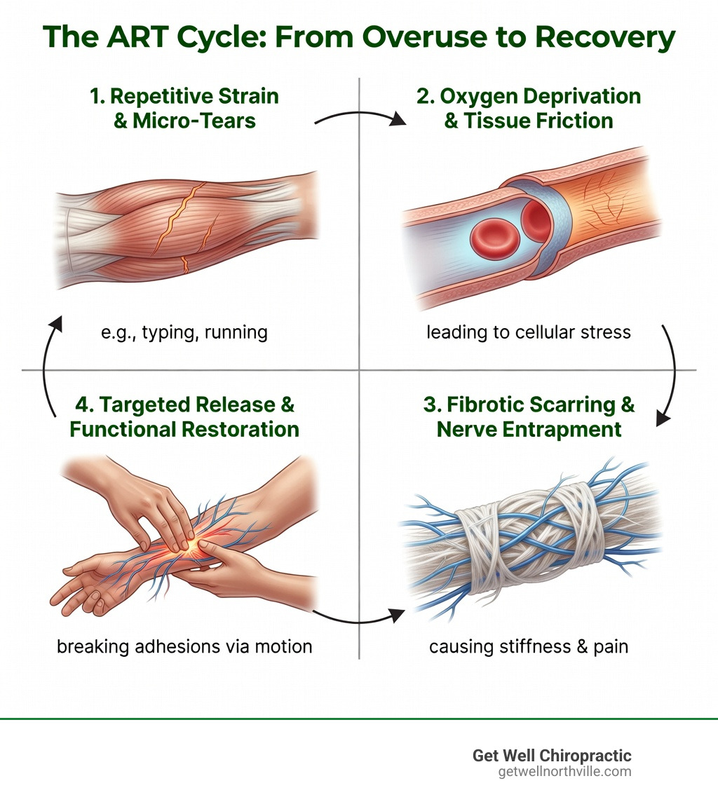 infographic showing the cycle of tissue overuse leading to micro-trauma, hypoxia and friction causing scar tissue formation, resulting in adhesions that restrict movement and trap nerves, which ART treats through targeted tension and movement to break down adhesions and restore function - active release therapy infographic 