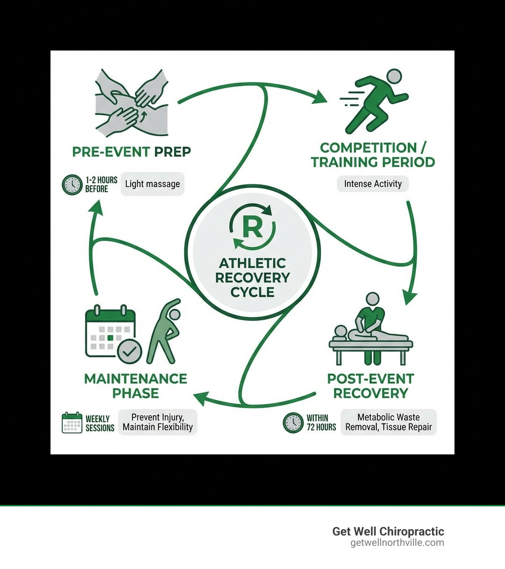 infographic showing athletic recovery cycle with four phases: pre-event preparation with light massage 1-2 hours before activity, competition or training period, post-event recovery massage within 72 hours focusing on metabolic waste removal and tissue repair, and maintenance phase with weekly sessions during training to prevent injury and maintain flexibility - Massage for athletes infographic 