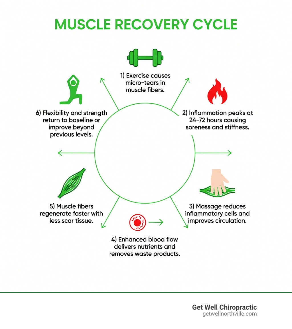 Infographic showing the muscle recovery cycle: 1) Exercise causes micro-tears in muscle fibers, 2) Inflammation peaks at 24-72 hours causing soreness and stiffness, 3) Massage reduces inflammatory cells and improves circulation, 4) Enhanced blood flow delivers nutrients and removes waste products, 5) Muscle fibers regenerate faster with less scar tissue, 6) Flexibility and strength return to baseline or improve beyond previous levels - muscle recovery massage infographic Infographic showing the muscle recovery cycle: 1) Exercise causes micro-tears in muscle fibers, 2) Inflammation peaks at 24-72 hours causing soreness and stiffness, 3) Massage reduces inflammatory cells and improves circulation, 4) Enhanced blood flow delivers nutrients and removes waste products, 5) Muscle fibers regenerate faster with less scar tissue, 6) Flexibility and strength return to baseline or improve beyond previous levels - muscle recovery massage infographic