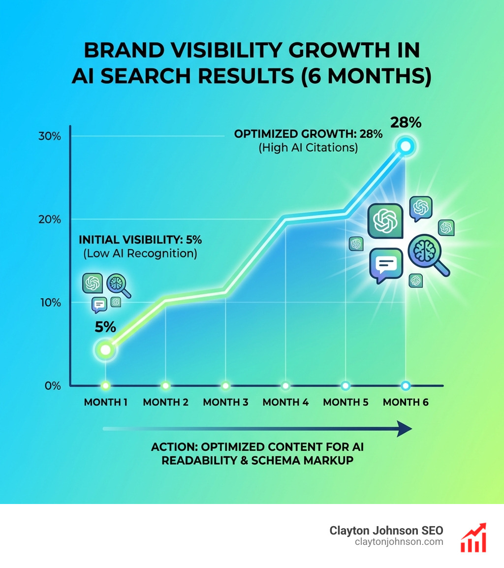 Graph showing brand visibility growth in AI search results over 6 months: Brand citations in ChatGPT and Perplexity increased from 5% to 28% after optimizing content for AI readability and schema markup - AI powered growth audits infographic Graph showing brand visibility growth in AI search results over 6 months: Brand citations in ChatGPT and Perplexity increased from 5% to 28% after optimizing content for AI readability and schema markup - AI powered growth audits infographic