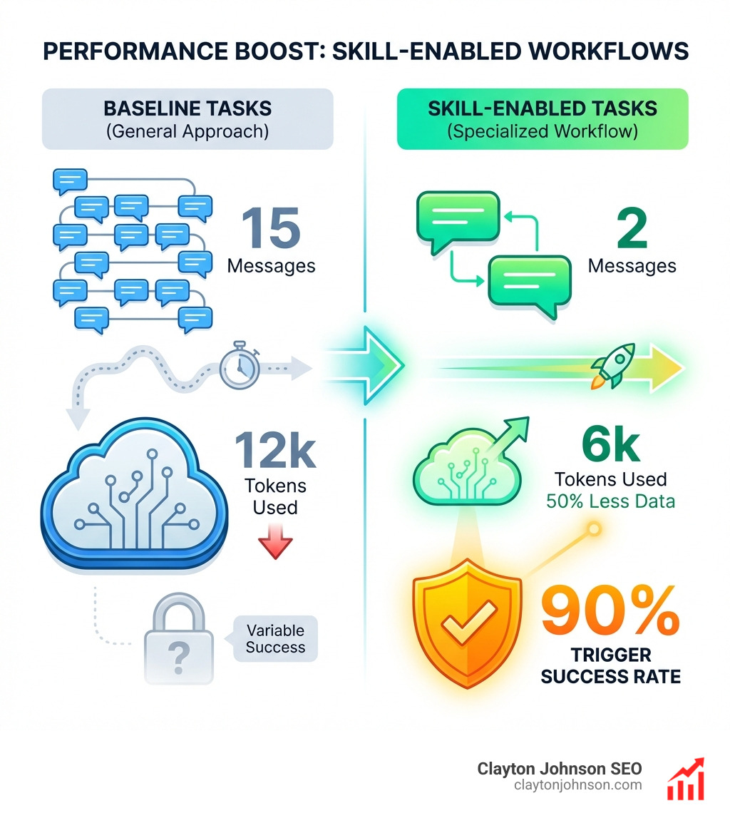 Infographic comparing Skill performance: Baseline tasks take 15 messages/12k tokens, while Skill-enabled tasks take 2 messages/6k tokens with 90% trigger success rate - Claude skill pack infographic 