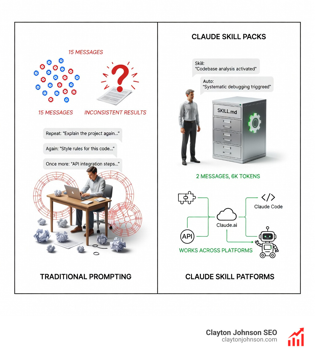 Infographic showing Traditional Prompting (repeat context every conversation, 15 messages, 12k tokens, inconsistent results) versus Claude Skill Packs (load context once via SKILL.md, 2 messages, 6k tokens, autonomous triggering, composable across tasks, works in Claude.ai/Code/API) - Claude skill pack infographic 