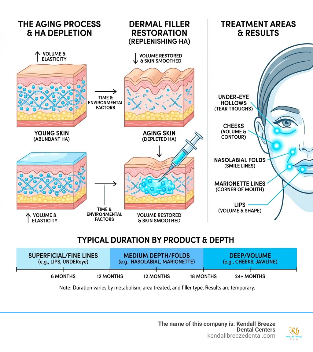Infographic showing the aging process: Young skin with abundant hyaluronic acid versus aging skin with depleted HA leading to volume loss, wrinkles, and folds. Includes visual comparison of how dermal fillers restore lost volume by replenishing hyaluronic acid under the skin, with treatment areas marked including lips, cheeks, nasolabial folds, marionette lines, and under-eye hollows. Shows typical duration of results by product type and treatment depth. - dermal fillers miami kendall infographic 