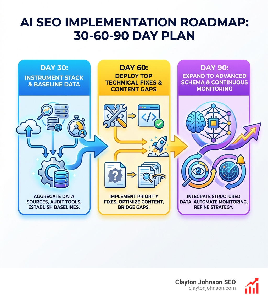 Infographic showing the 30-60-90 day plan for implementing AI SEO: Day 30 - Instrument stack and baseline data; Day 60 - Deploy top technical fixes and content gaps; Day 90 - Expand to advanced schema and continuous monitoring - AI driven SEO audits infographic Infographic showing the 30-60-90 day plan for implementing AI SEO: Day 30 - Instrument stack and baseline data; Day 60 - Deploy top technical fixes and content gaps; Day 90 - Expand to advanced schema and continuous monitoring - AI driven SEO audits infographic