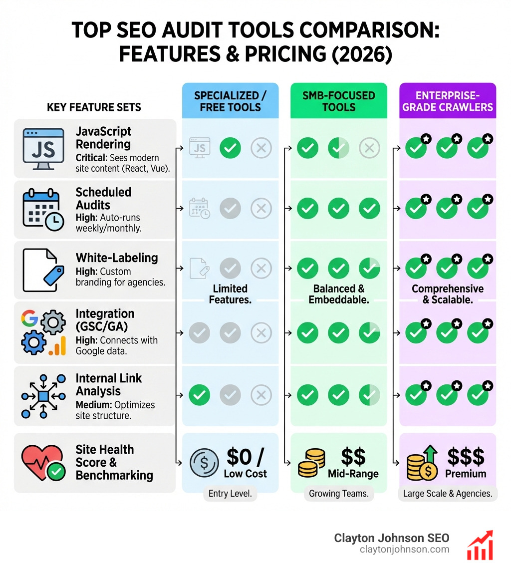Infographic: Comparison of top SEO audit tools by feature set and pricing - Automated SEO audit tools infographic Infographic: Comparison of top SEO audit tools by feature set and pricing - Automated SEO audit tools infographic