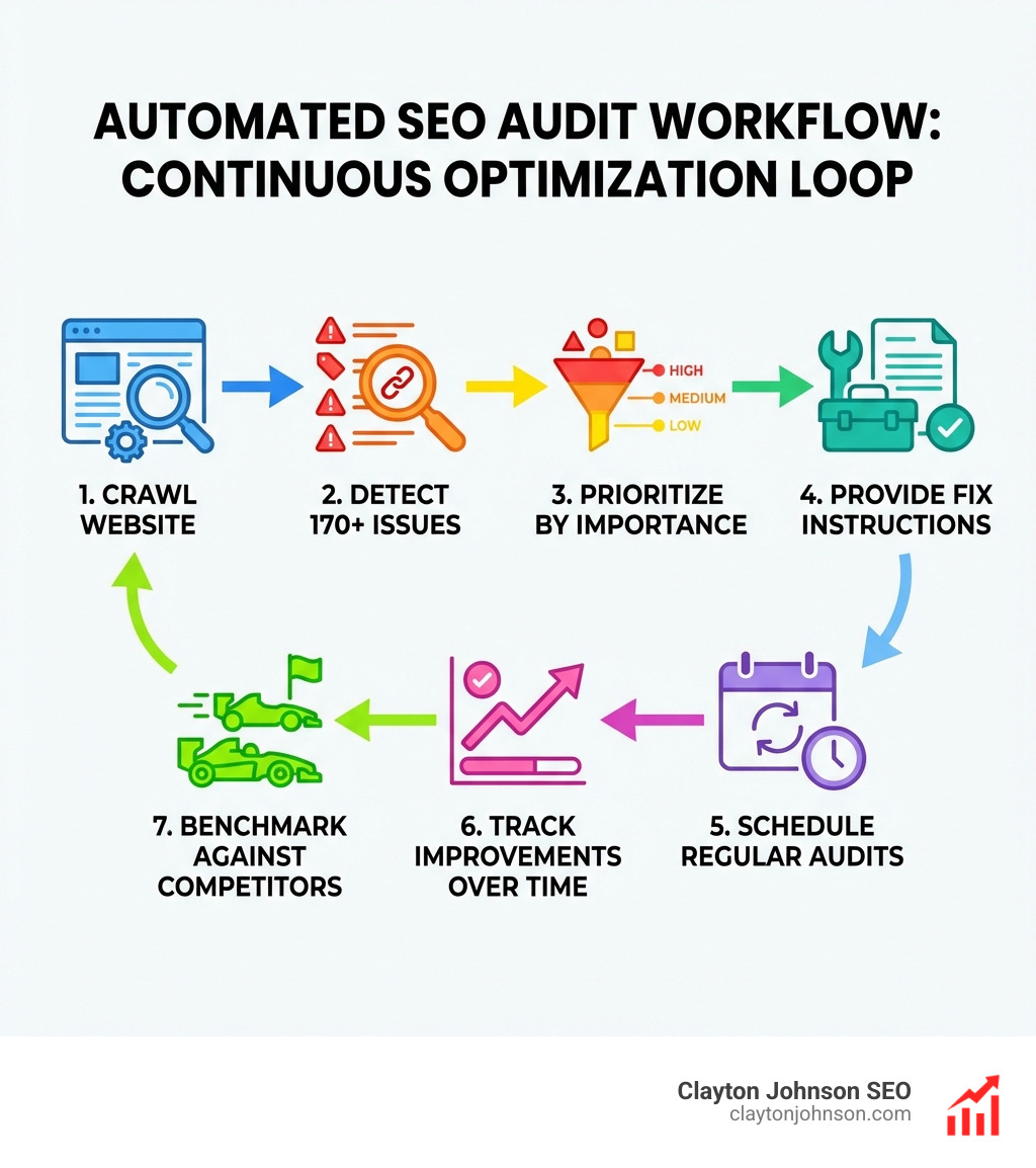 Infographic showing the automated SEO audit workflow: crawl website → detect 170+ issues → prioritize by importance → provide fix instructions → schedule regular audits → track improvements over time → benchmark against competitors - Automated SEO audit tools infographic Infographic showing the automated SEO audit workflow: crawl website → detect 170+ issues → prioritize by importance → provide fix instructions → schedule regular audits → track improvements over time → benchmark against competitors - Automated SEO audit tools infographic